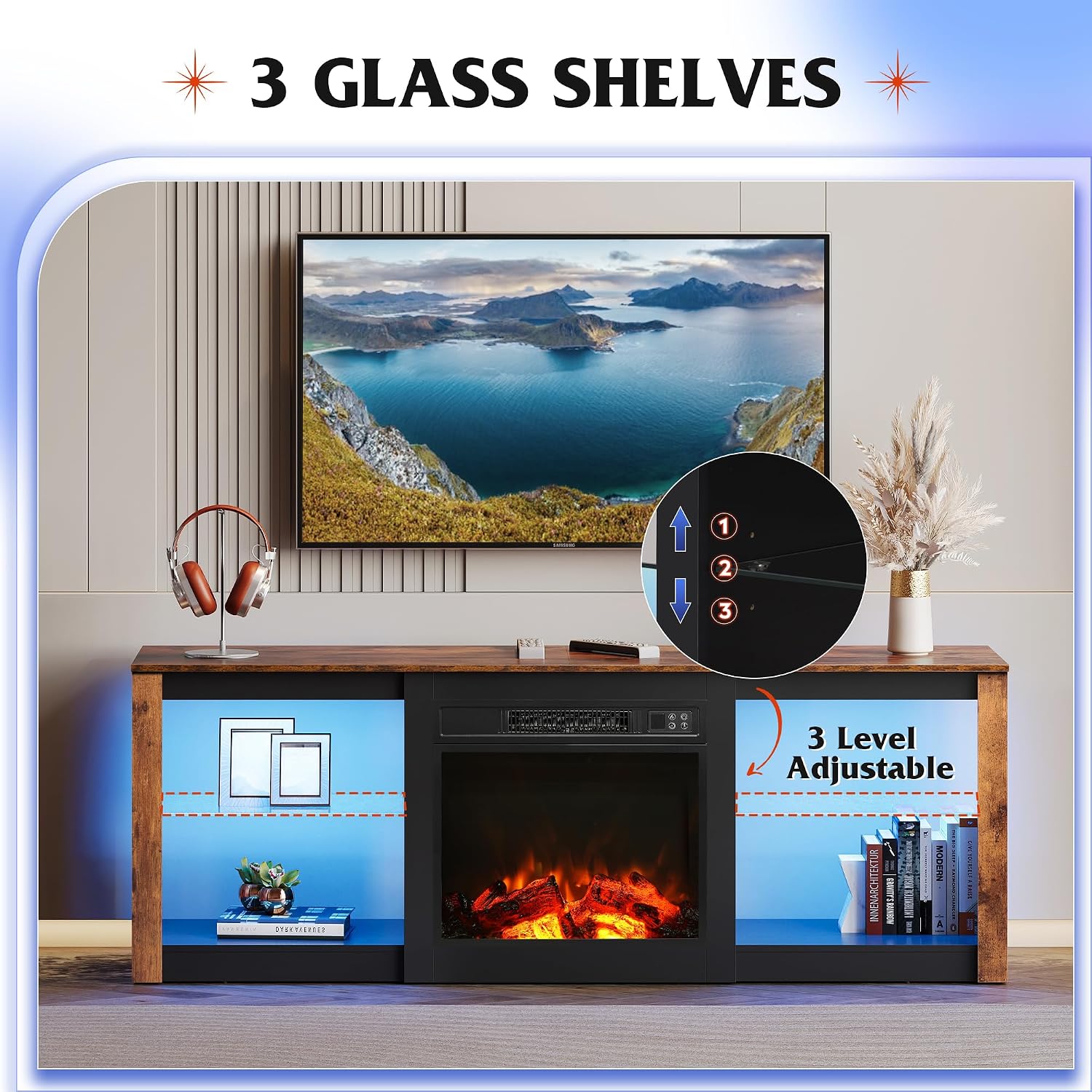 WLIVE 58 Inches Fireplace TV Stand with LED Lights, Modern Entertainment Center with 18'' Electric Fireplace & Adjustable Glass Shelves, Sturdy Media Console for Living Room, Bedroom (Brown)