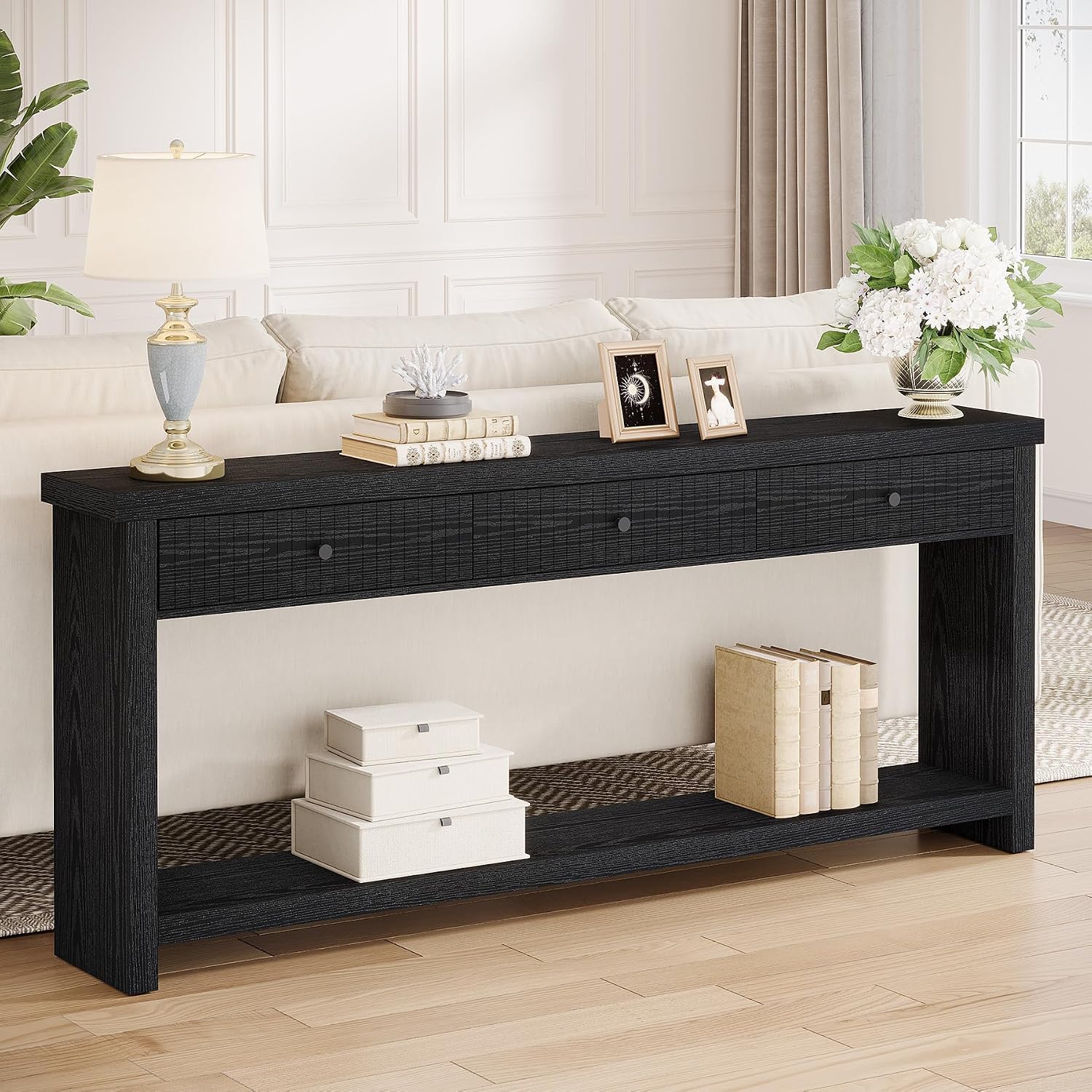Tribesigns 70.9-Inch Extra Long Entryway Table with 3 Drawers, Sofa Console Table with Open Storage Shelves, Wooden Couch Foyer Tables for Living Room Hallway Entrance, Black