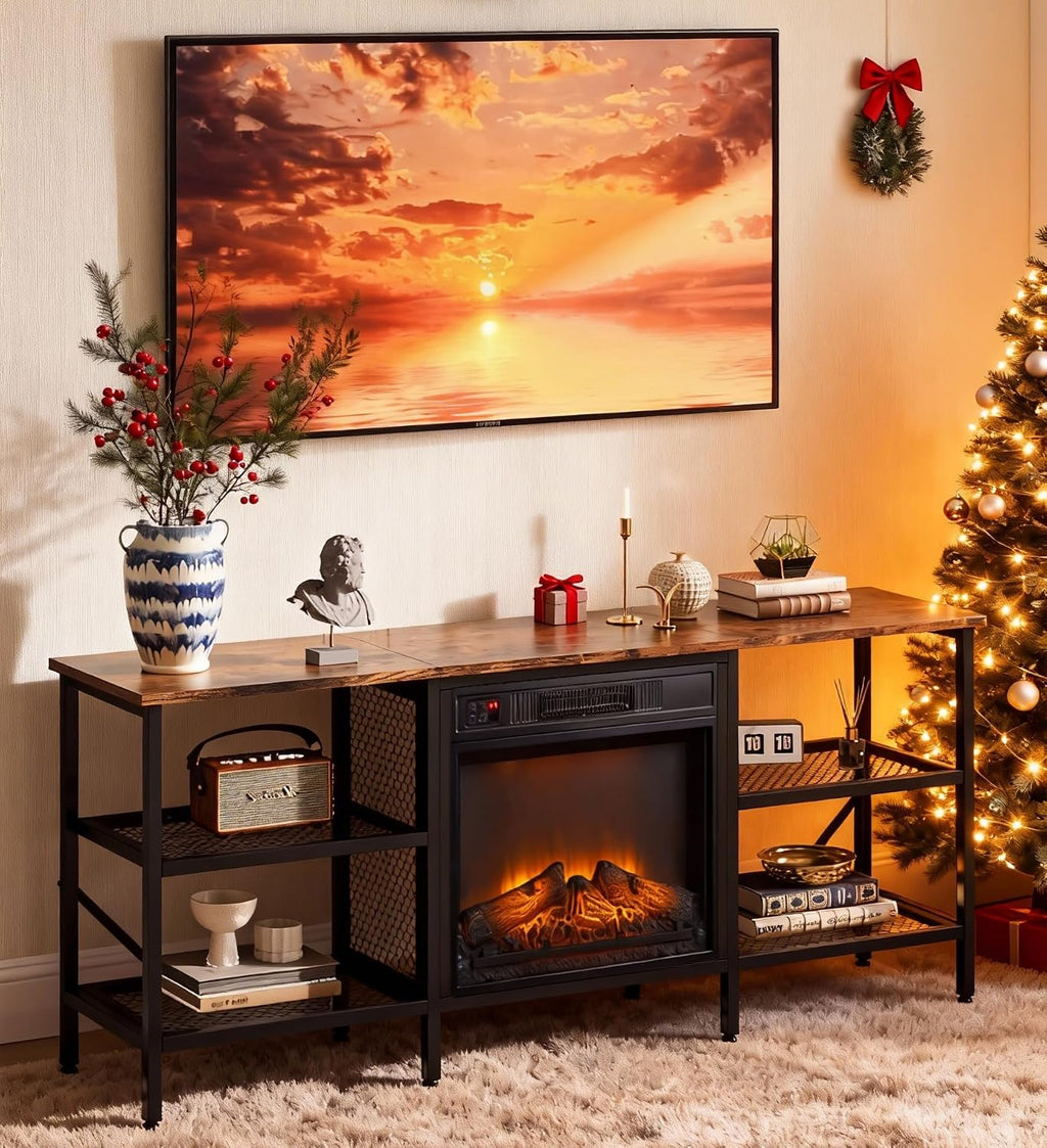 Bonnlo 58' Fireplace TV Stand, Rustic Brown Industrial Entertainment Center with Electric Fireplace, Open Metal Mesh Shelves, TV Stand for 65–70 Inch TVs