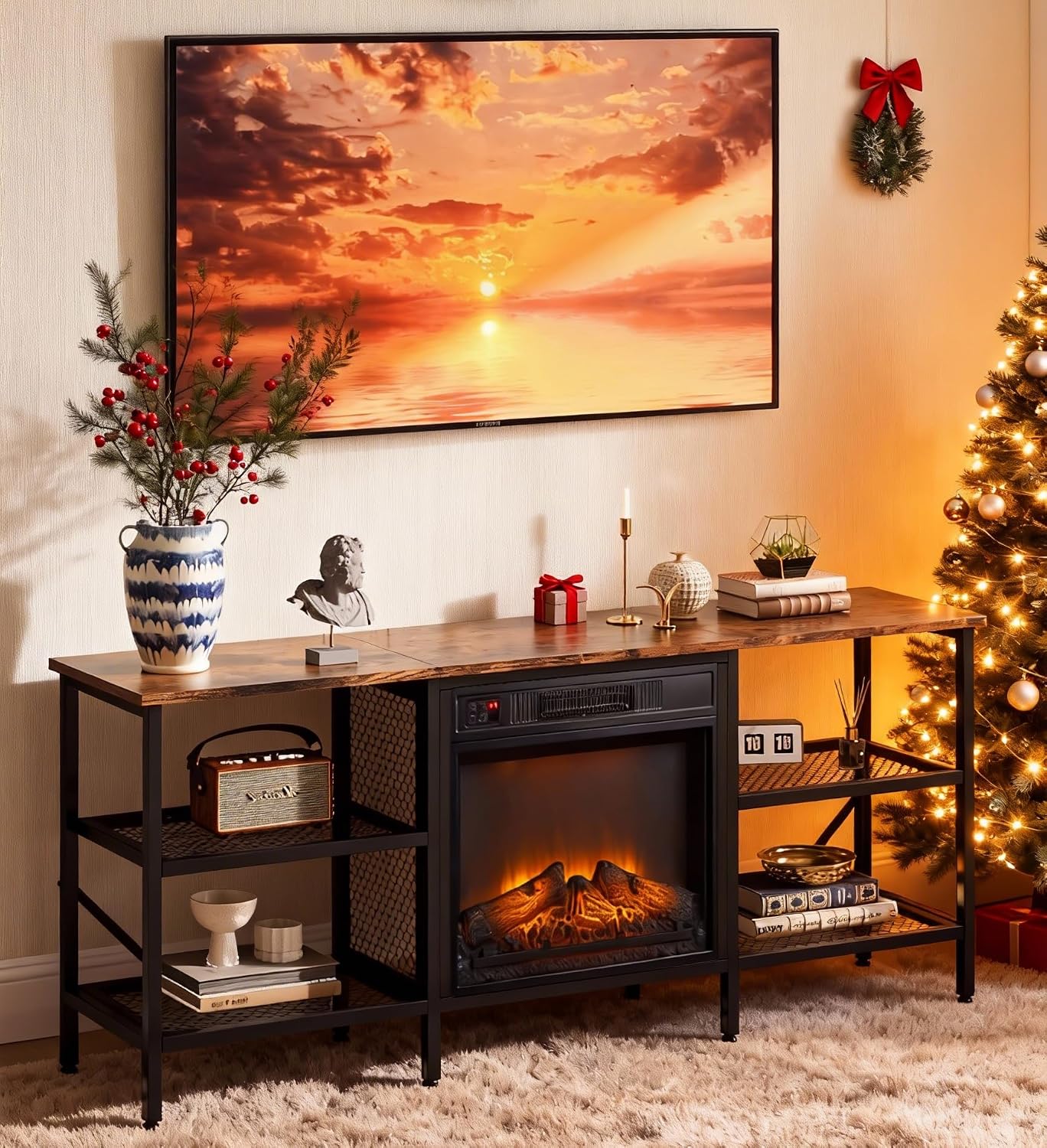 Bonnlo 58' Fireplace TV Stand, Rustic Brown Industrial Entertainment Center with Electric Fireplace, Open Metal Mesh Shelves, TV Stand for 65–70 Inch TVs