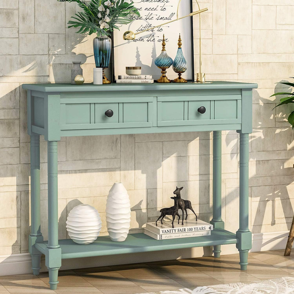 Knocbel Antique Entry Console Table with Drawers & Bottom Open Shelf, Wood Sofa Tables for Entryway Hallway Living Room, 35.43' W x 13.8' D x 30.25' H, Retro Blue
