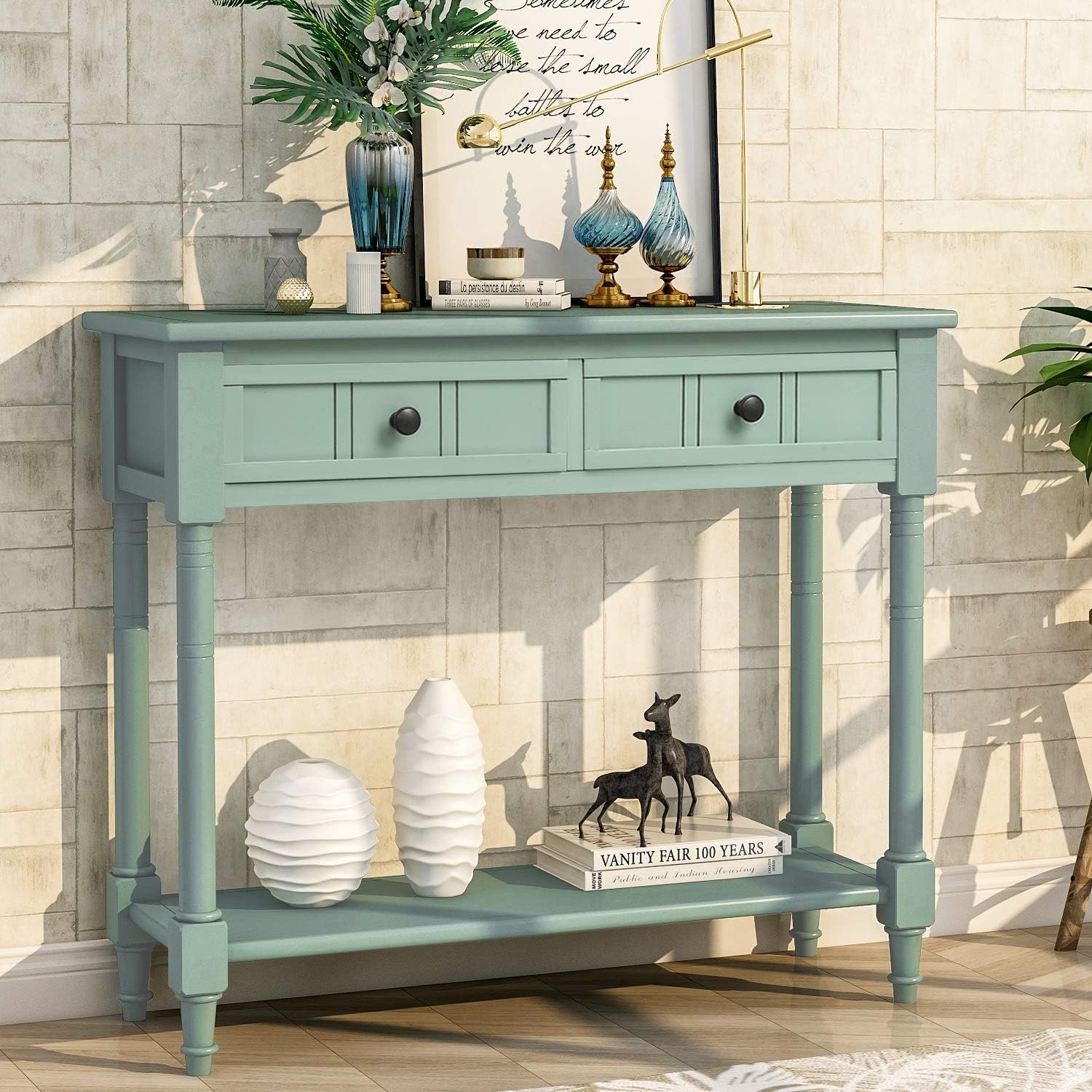 Knocbel Antique Entry Console Table with Drawers & Bottom Open Shelf, Wood Sofa Tables for Entryway Hallway Living Room, 35.43' W x 13.8' D x 30.25' H, Retro Blue