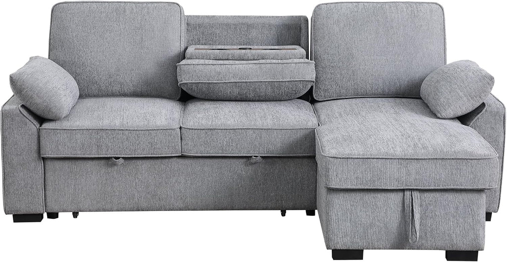ERYE L-Shaped Pull Out Sleeper Couch Bed, Modern Chenille Upholstered Button Tufted Corner Couch Reversible Sectional Sleeper Sofa Bed W/Storage Chaise, Cup Holders