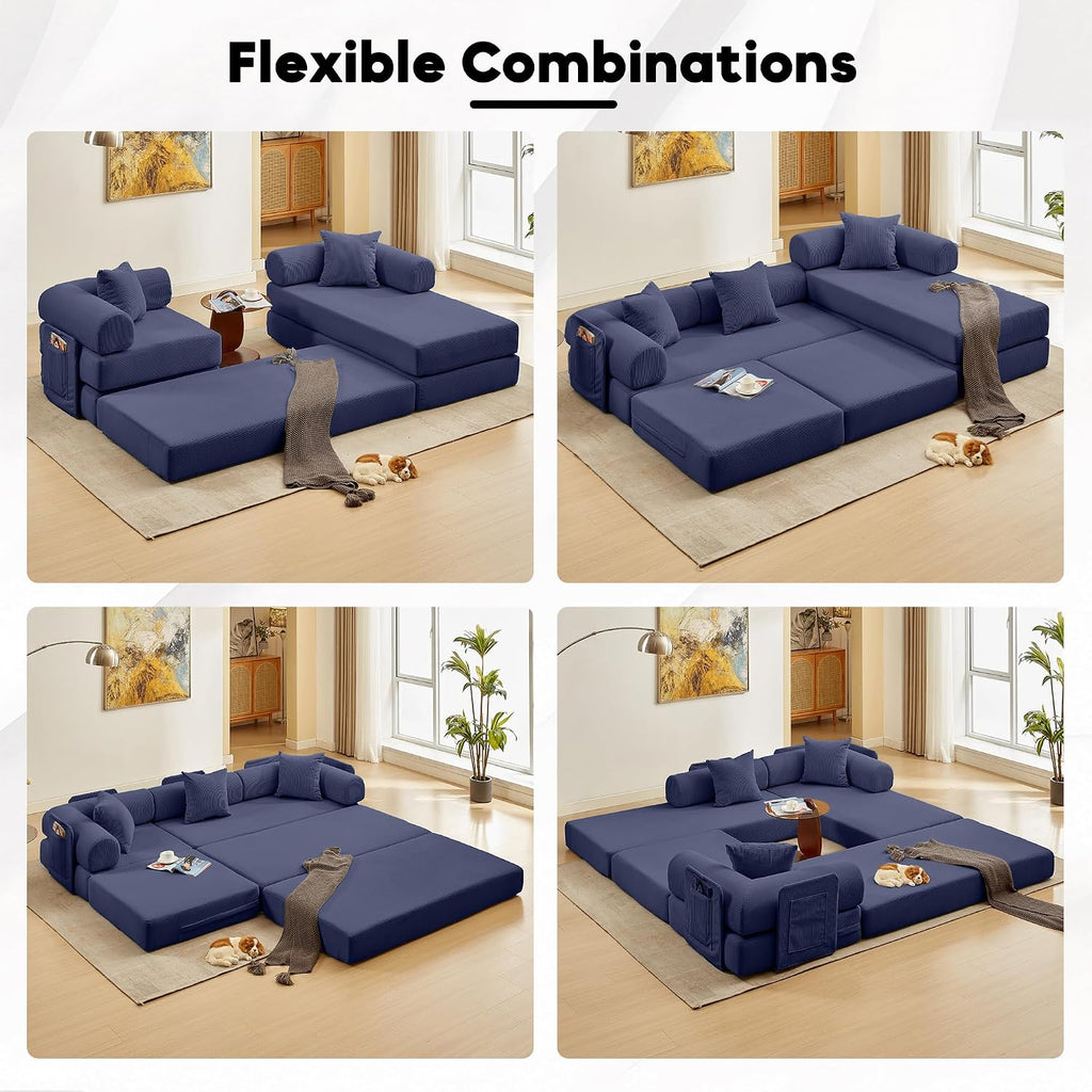 Modular L Shaped Sofa Bed with Cylindrical Pillow & Reversible Chaise, Corduroy Convertible Floor Boneless Sofa Couch Bed with Fixed-Shape Frame & Storage Pocket for Living Room, Blue
