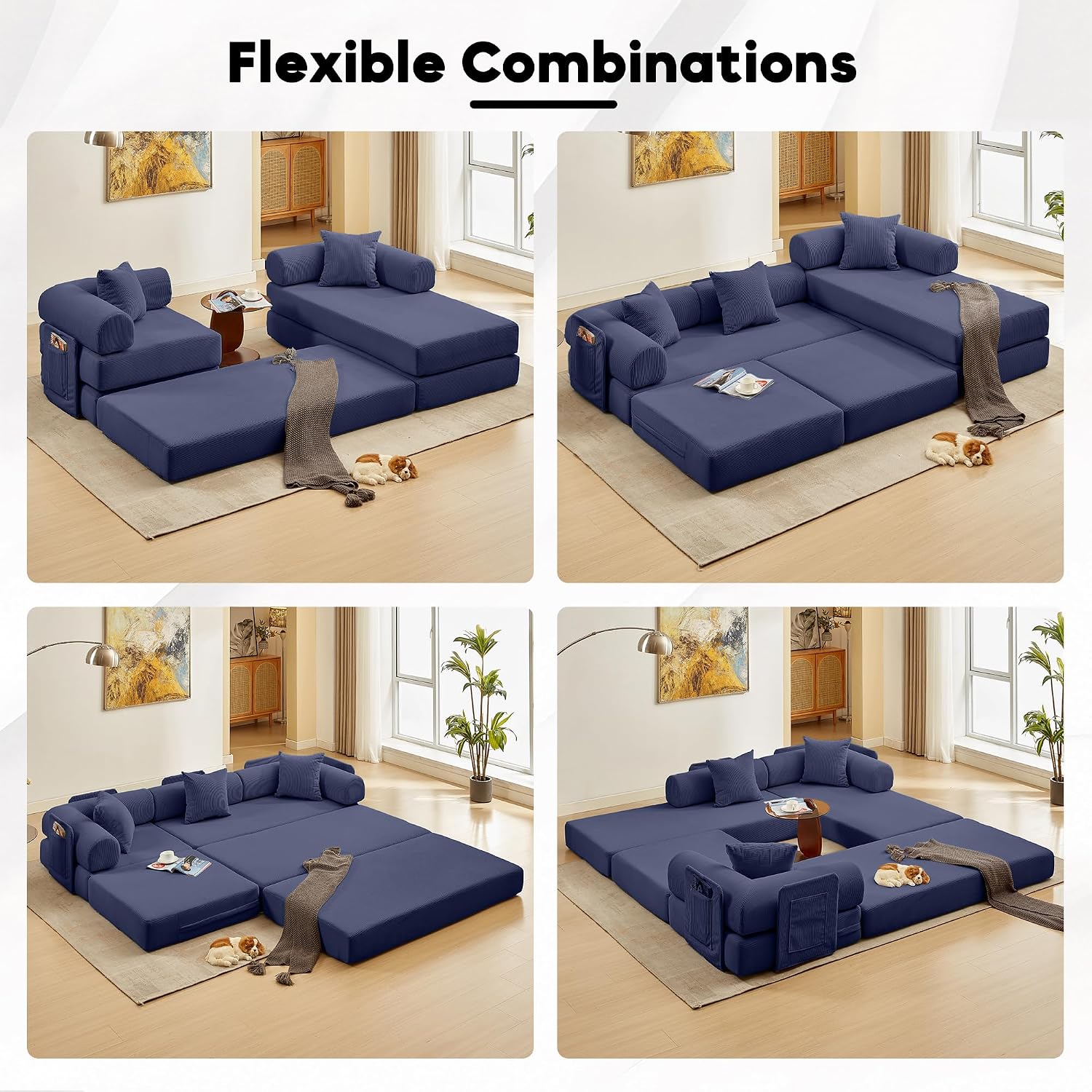 Modular L Shaped Sofa Bed with Cylindrical Pillow & Reversible Chaise, Corduroy Convertible Floor Boneless Sofa Couch Bed with Fixed-Shape Frame & Storage Pocket for Living Room, Blue