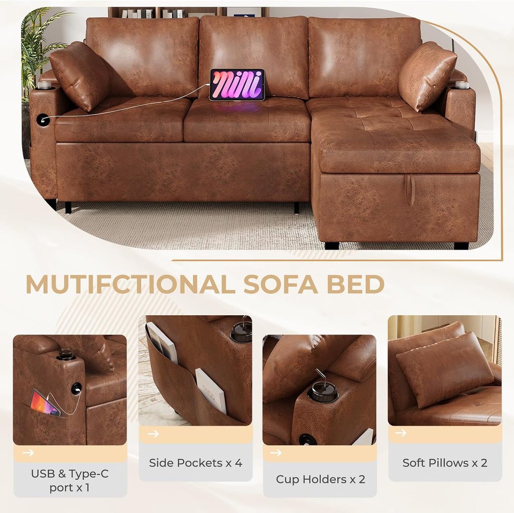 Esright Sleeper Sofa Bed, 3-in-1 Pull Out Couch with Reversible Chaise, Leather Sleeper Sofa with Storage, USB, Cup Holder, Pullout Sectional Couches for Apartment Living Room, Brown