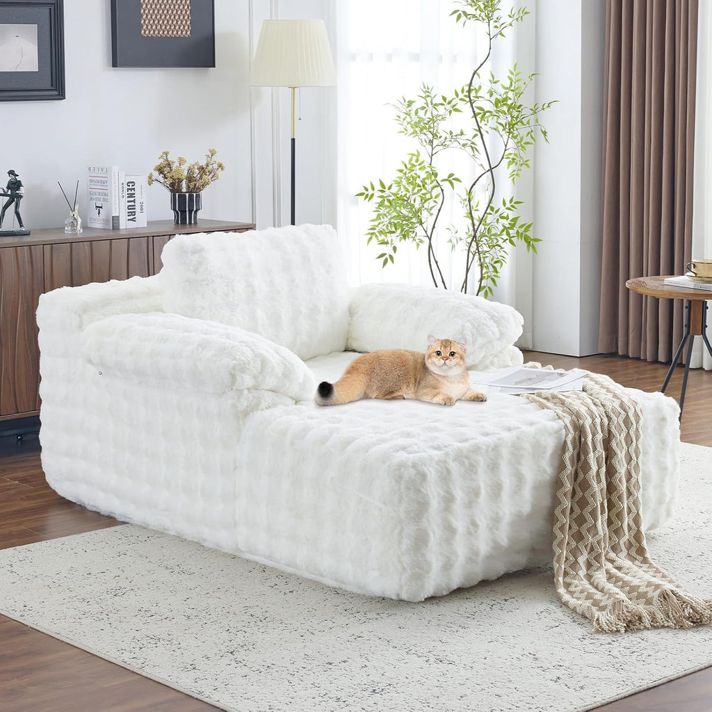 VINGLI Chaise Lounge Chair Indoor, White Boneless Couch Oversized Reading Chair Upholstered Bubble Fleece Cloud Couch Sofa Recliner Bed Comfy Sleeper Couches for Living Room, Movie Room, Bedroom