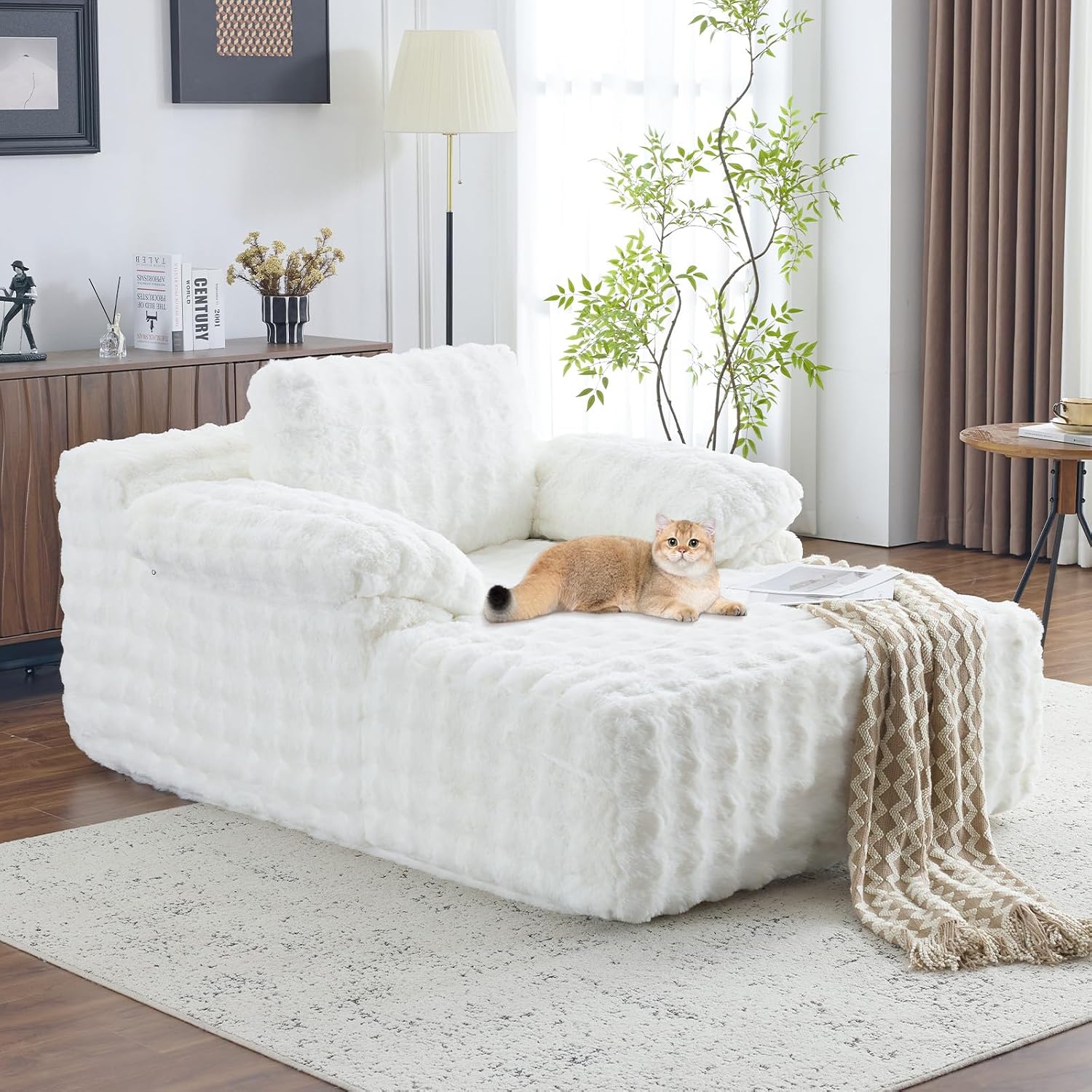 VINGLI Chaise Lounge Chair Indoor, White Boneless Couch Oversized Reading Chair Upholstered Bubble Fleece Cloud Couch Sofa Recliner Bed Comfy Sleeper Couches for Living Room, Movie Room, Bedroom