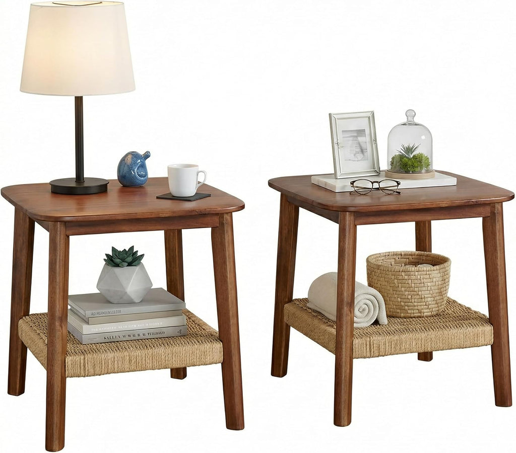 Alaterre Furniture Calais 2-Tier Solid Wood End Table with Woven Storage Shelf – Set of 2 Mid Century Modern Nightstand or Side Table for Living Room, or Bedroom (Chestnut)