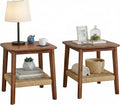 Alaterre Furniture Calais 2-Tier Solid Wood End Table with Woven Storage Shelf – Set of 2 Mid Century Modern Nightstand or Side Table for Living Room, or Bedroom (Chestnut)
