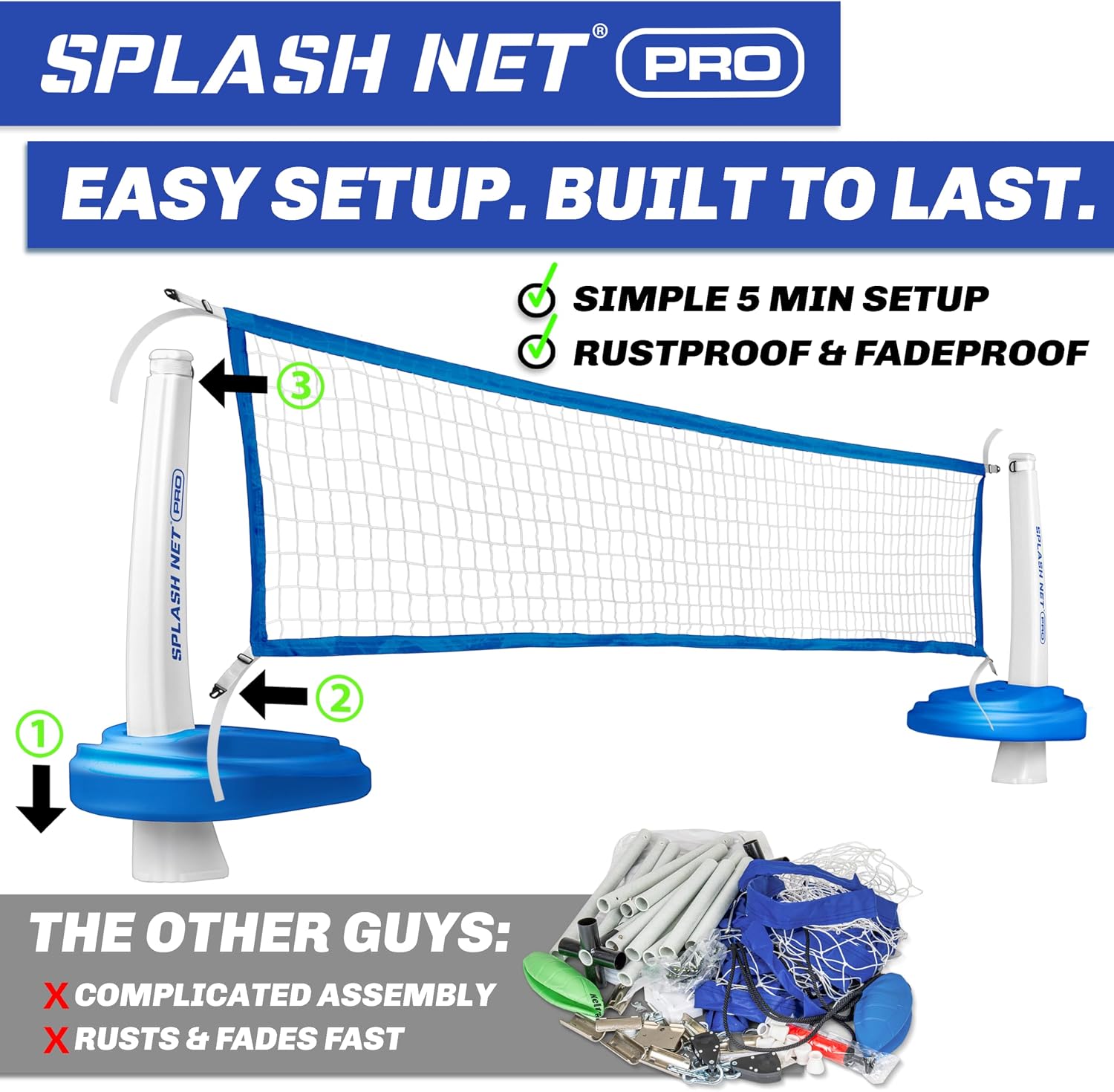 GoSports Splash Net PRO Pool Volleyball Net - Red, White, or Blue - Includes 2 Water Volleyballs and Pump