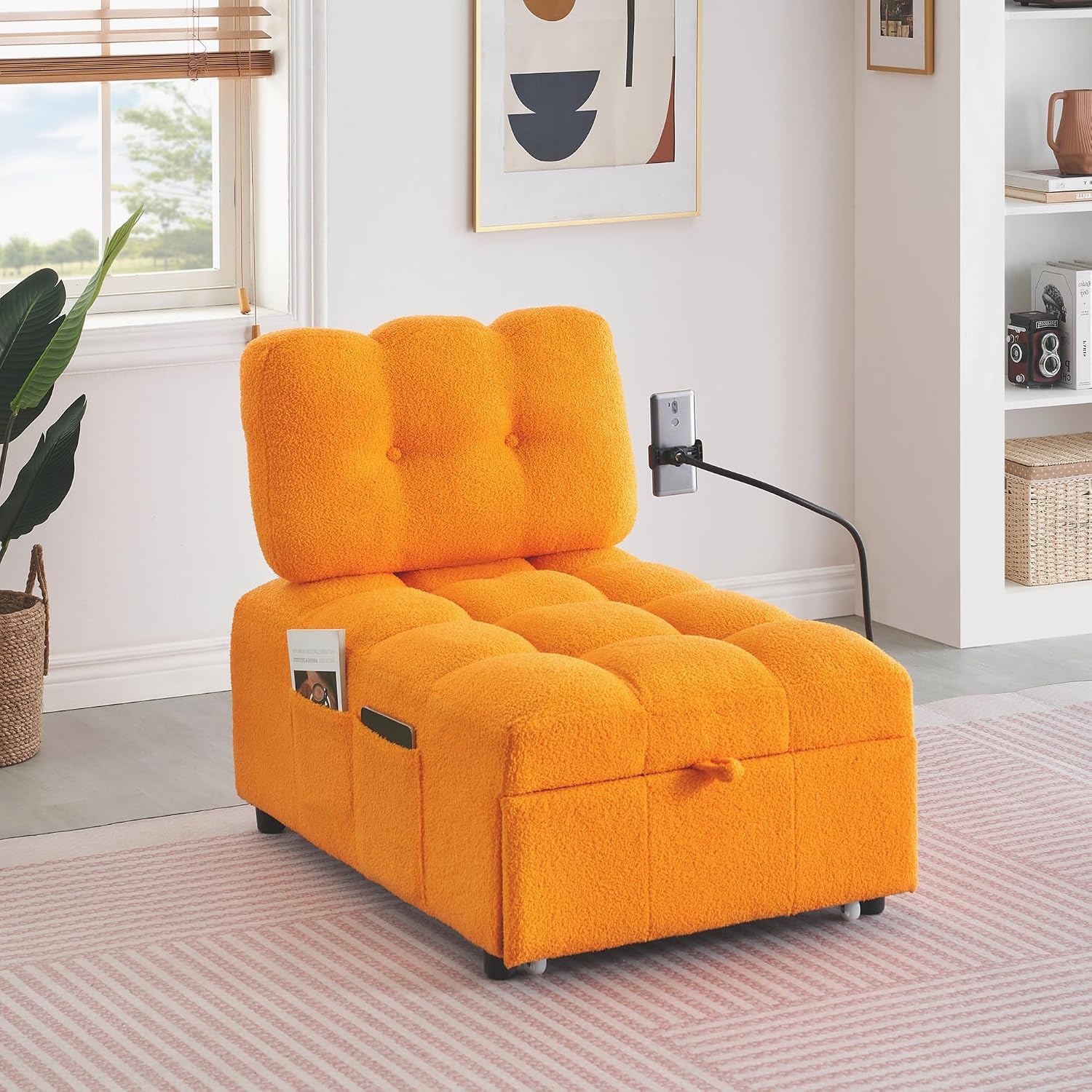 Majnesvon Modern Teddy Fabric Sofa Bed Futon,3 in 1 Convertible Pullout Bed Couches with 3 Reclining Backrests,Phone Stand,Small Sofa Single Sleeper Chair Bed for Living Room Bedroom (Orange)
