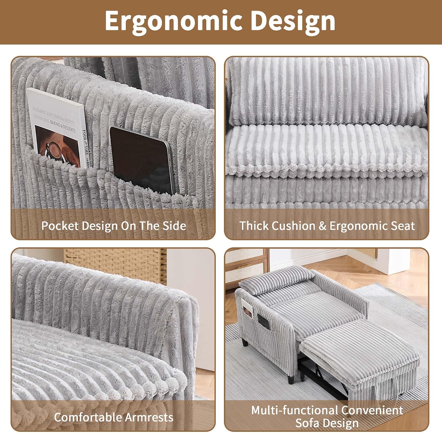 Majnesvon Modern Corduroy Fabric Sofa Bed Futon,3 in 1 Convertible Pullout Bed Sleeper Couches with 3 Reclining Backrests,Small Sofa Chair Bed for Living Room Bedroom (Light Grey)