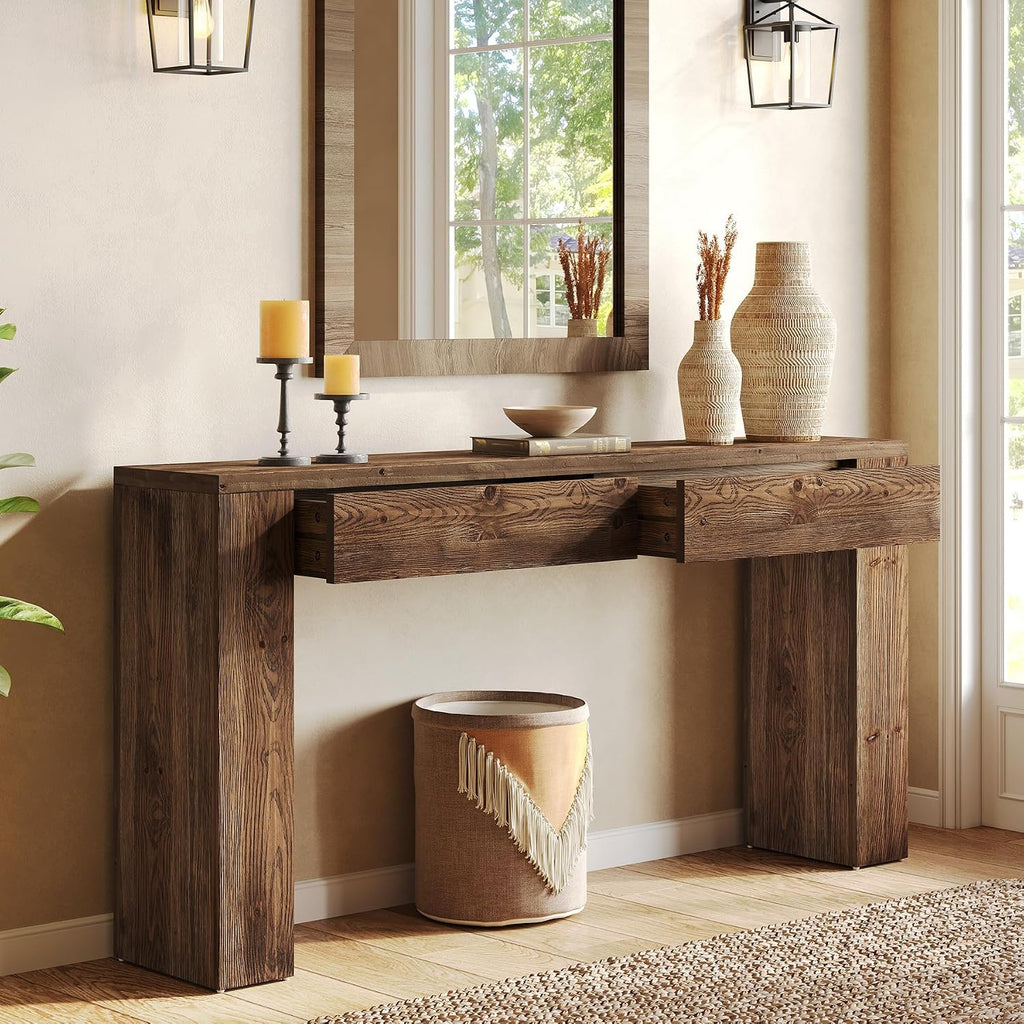 LITTLE TREE Sofa Table with 2 Drawers, 63 Inches Extra Long Console Table, Solid Wood Sofa Table Behind Couch, Large Entryway Hallway Foyer Tables for Living Room, Entrance, Rustic Brown