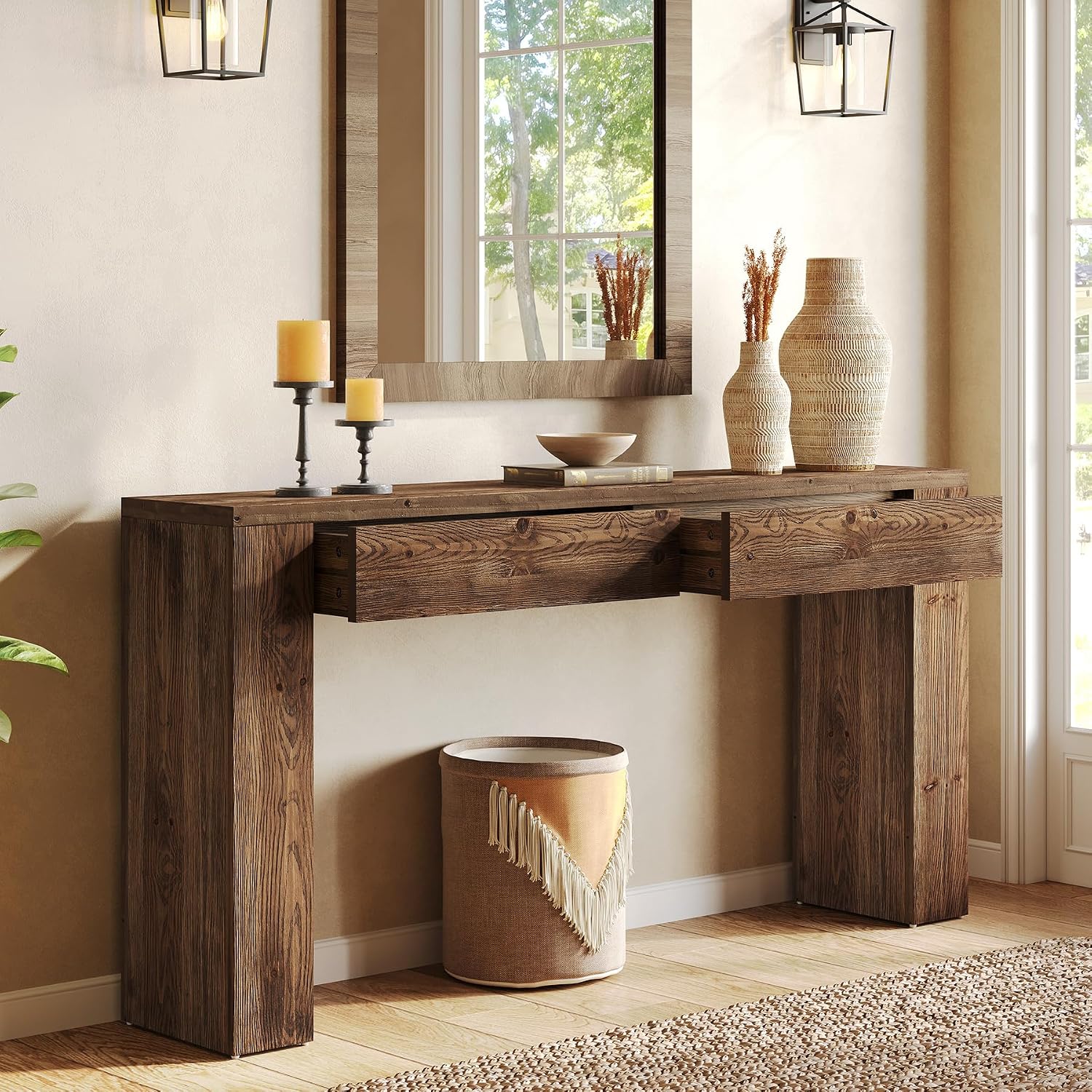 LITTLE TREE Sofa Table with 2 Drawers, 63 Inches Extra Long Console Table, Solid Wood Sofa Table Behind Couch, Large Entryway Hallway Foyer Tables for Living Room, Entrance, Rustic Brown