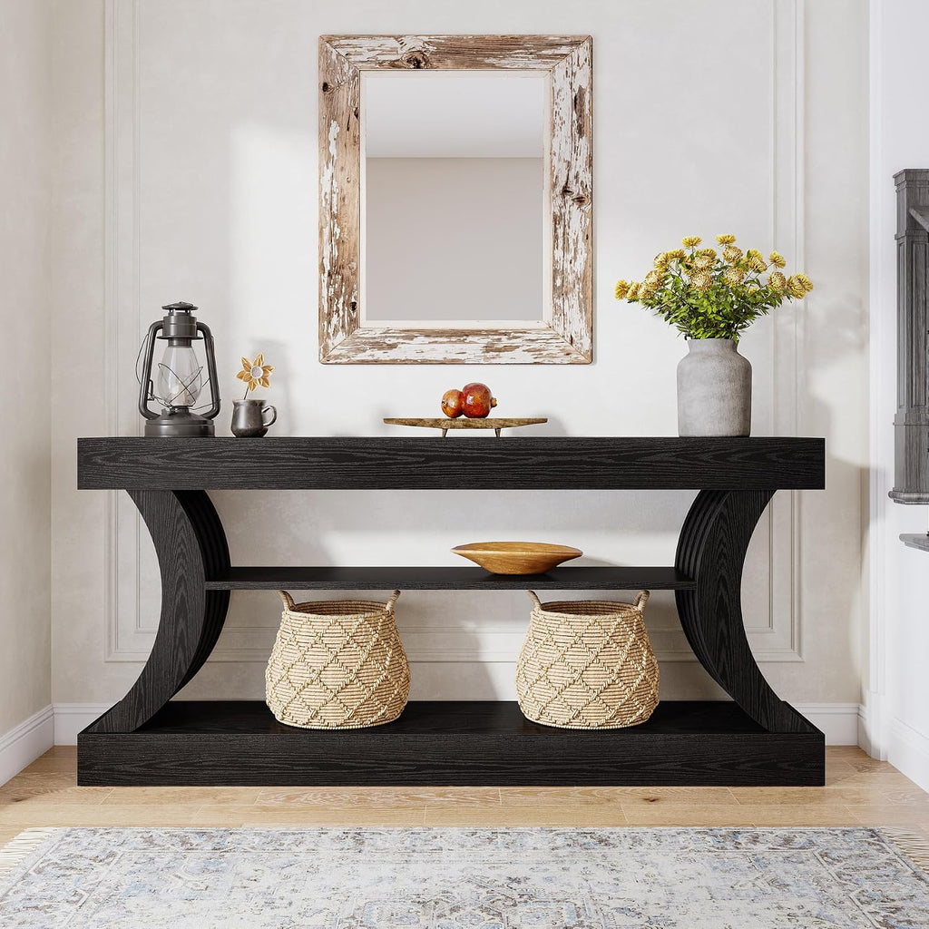 Tribesigns 70.9-Inch Long Farmhouse Entryway Console Table with Storage, 3-Tier Wooden Couch Table Behind Sofa, for Entry, Entrance, Hallway, Foyer, Living Room, Black