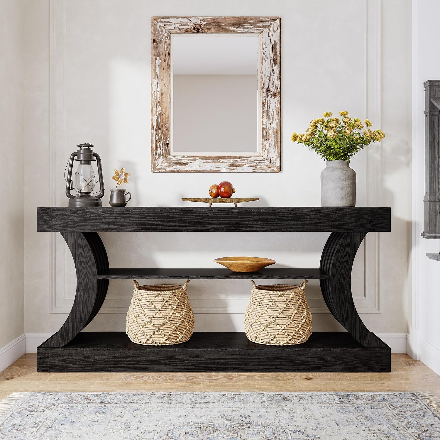 Tribesigns 70.9-Inch Long Farmhouse Entryway Console Table with Storage, 3-Tier Wooden Couch Table Behind Sofa, for Entry, Entrance, Hallway, Foyer, Living Room, Black