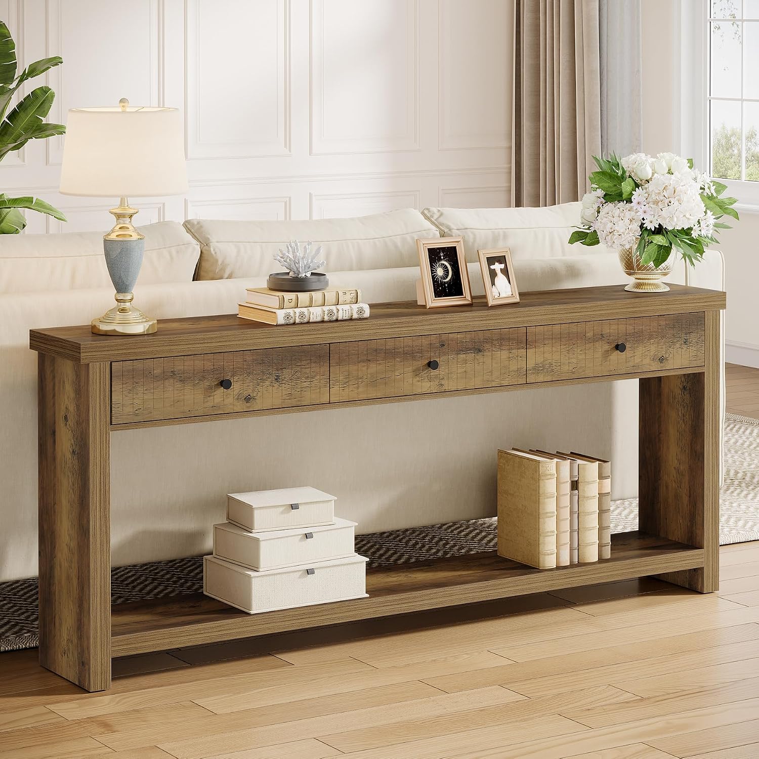 Tribesigns 70.9 inch Console Table with 3 Drawers, Extra Long Entryway Table, Wood Sofa Table Oak Furniture with Open Storage Shelves Wooden Couch Table Foyer Tables for Living Room Hallway Entrance