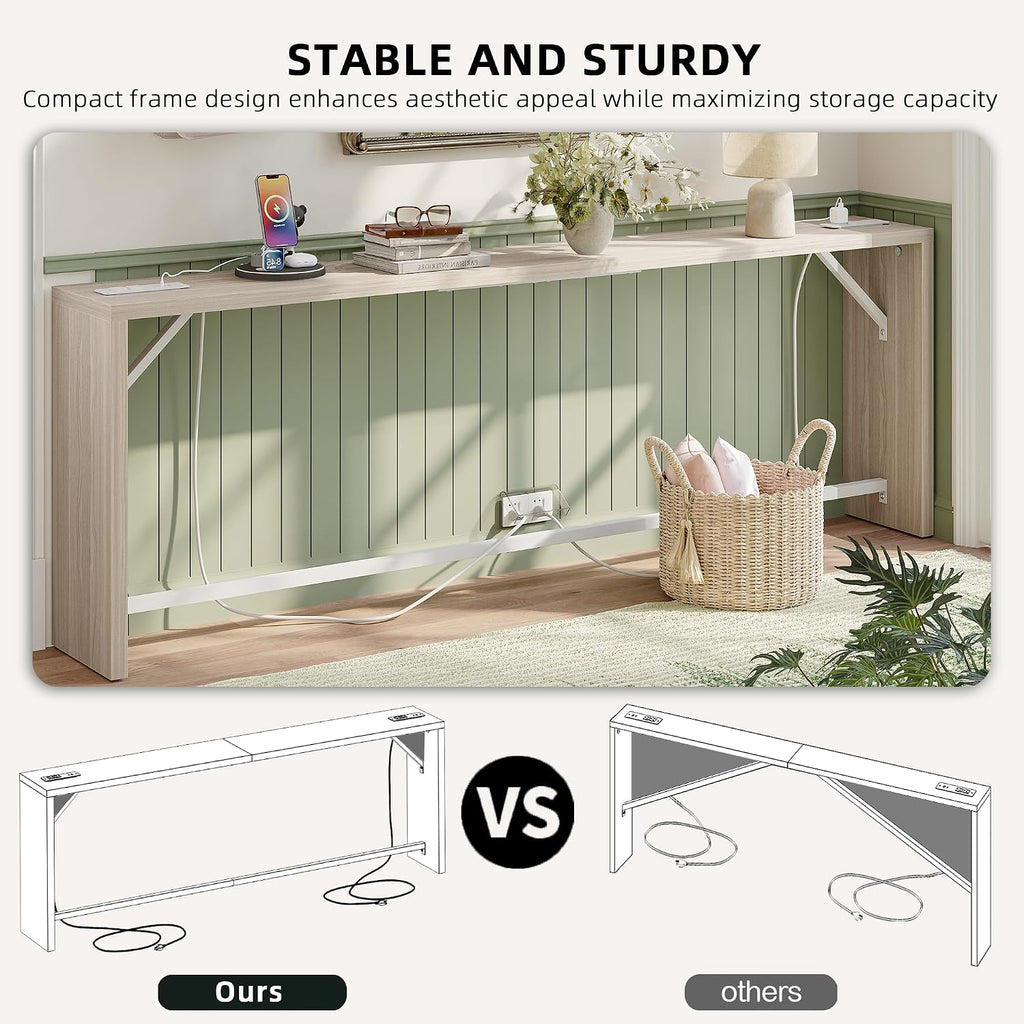 TIQLAB Sofa Table, 79''L x 9.1''W (1.2'' Thickness) Long Console Table Behind Couch, Entryway Table with Angled Metal Frame, Industrial Console Table, Light Walnut