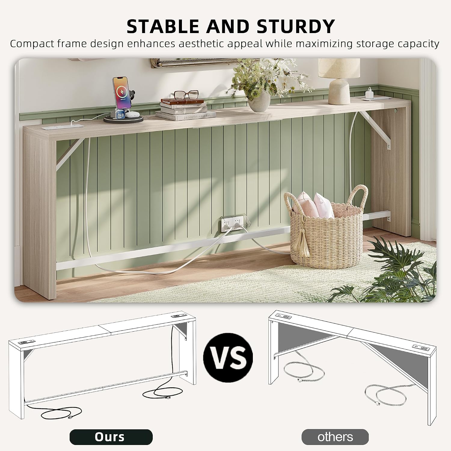 TIQLAB Sofa Table, 79''L x 9.1''W (1.2'' Thickness) Long Console Table Behind Couch, Entryway Table with Angled Metal Frame, Industrial Console Table, Light Walnut