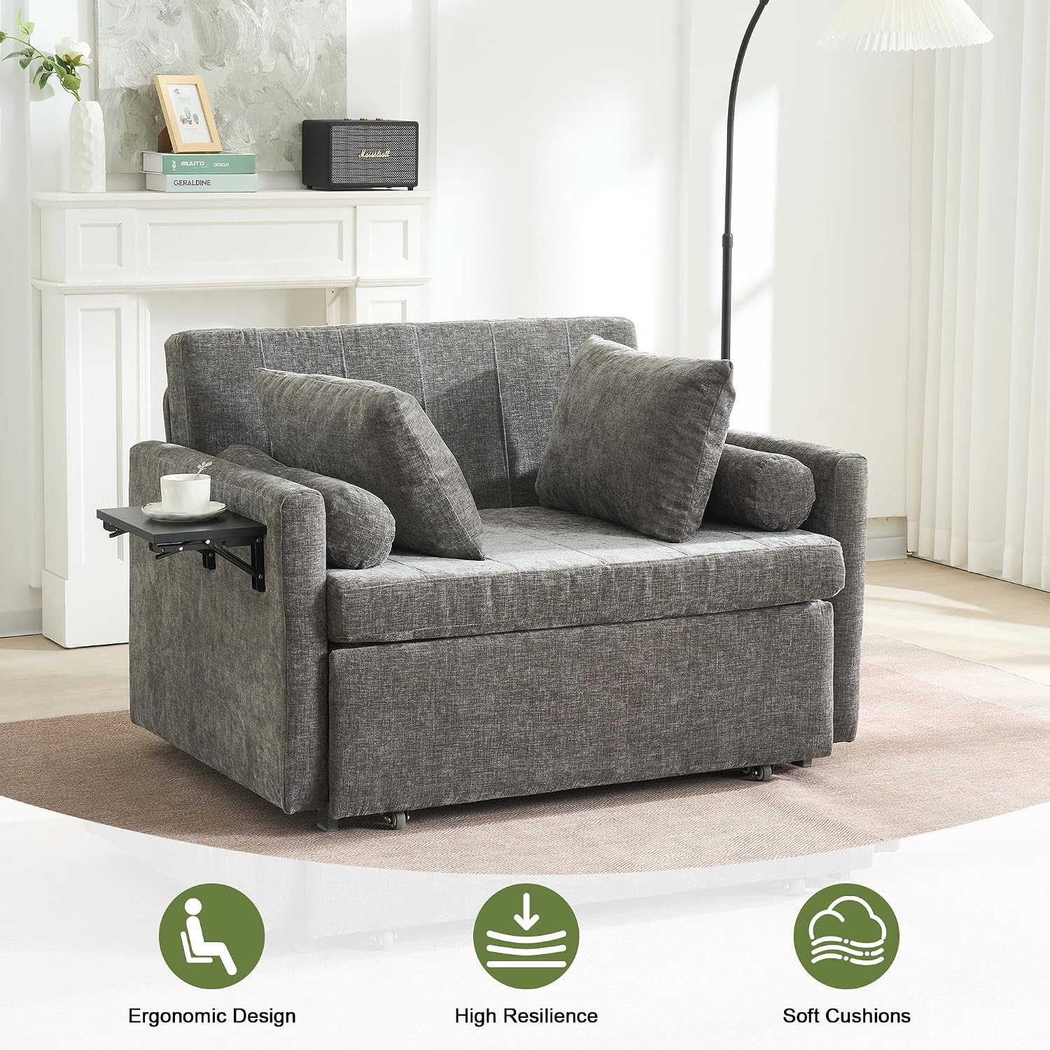 45' Oversize 3-in-1 Sleeper Chair, 75' Long Pull-Out Sleeper Sofa Bed with Wing Table and Side Pocket for Living Room, Bedroom, Small Space, Gray