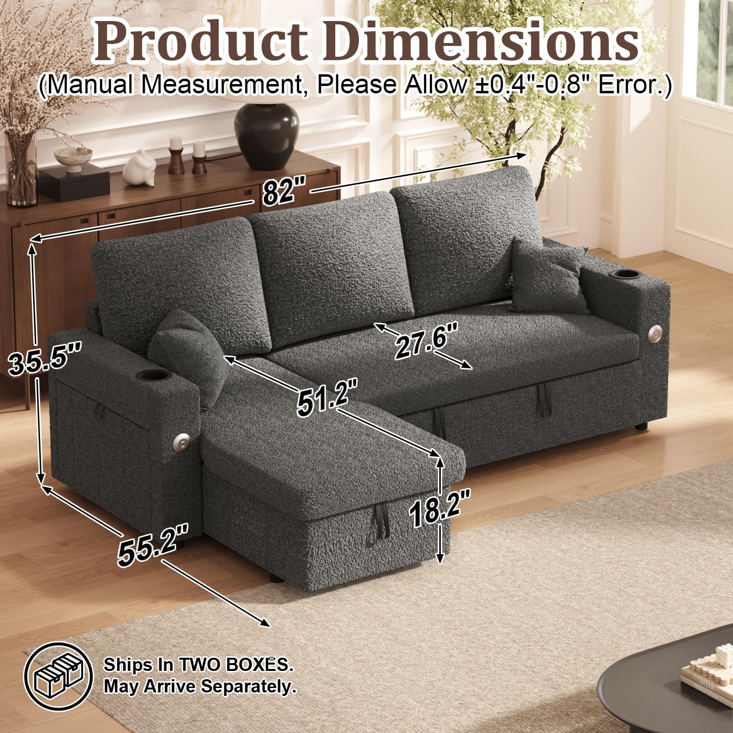 Sleeper Sofa Bed, 4-in-1 Pull Out Couch with Reversible Chaise | Dual USB & Type-C Charging | Dual Cup Holders | Layered Storage (Armrest + Chaise) for Living Room, Apartment, Home Office (Dark Gray)