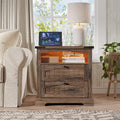 Vabches Nightstand with Charging Station, Vintage End Table with 2 Drawers, Wood Rustic Sofa Side Table with Open Storage Shelf for Bedroom, Living Room