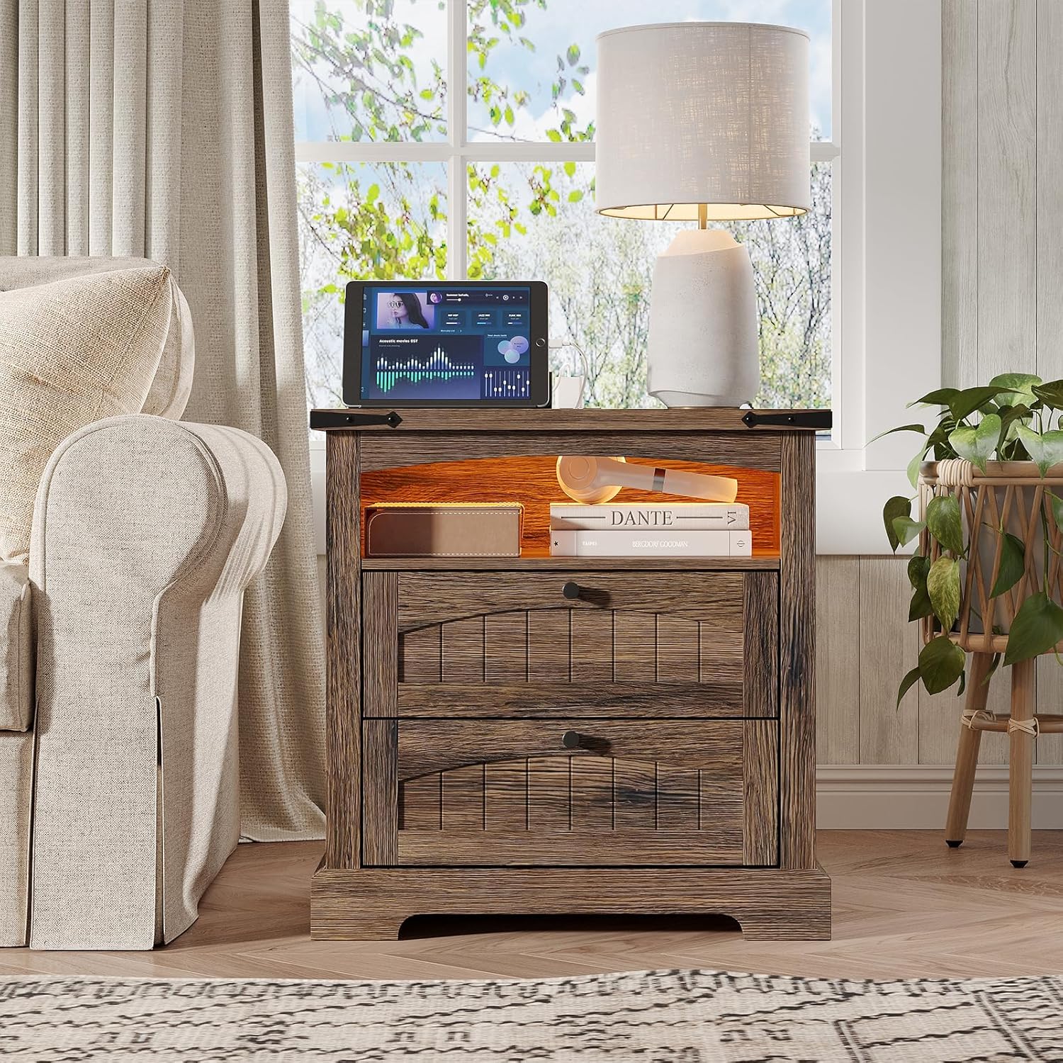 Vabches Nightstand with Charging Station, Vintage End Table with 2 Drawers, Wood Rustic Sofa Side Table with Open Storage Shelf for Bedroom, Living Room