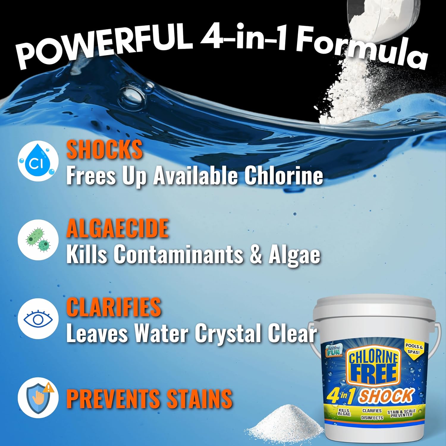 Non-Chlorine 4 in 1 Shock, for Pools and Spas. Fast Acting, Quick Dissolving, Shock, Sanitizes, Clarifies, Eliminates Algae & Prevents Stains. Reduces Harsh Chlorine Usage (25 lb)