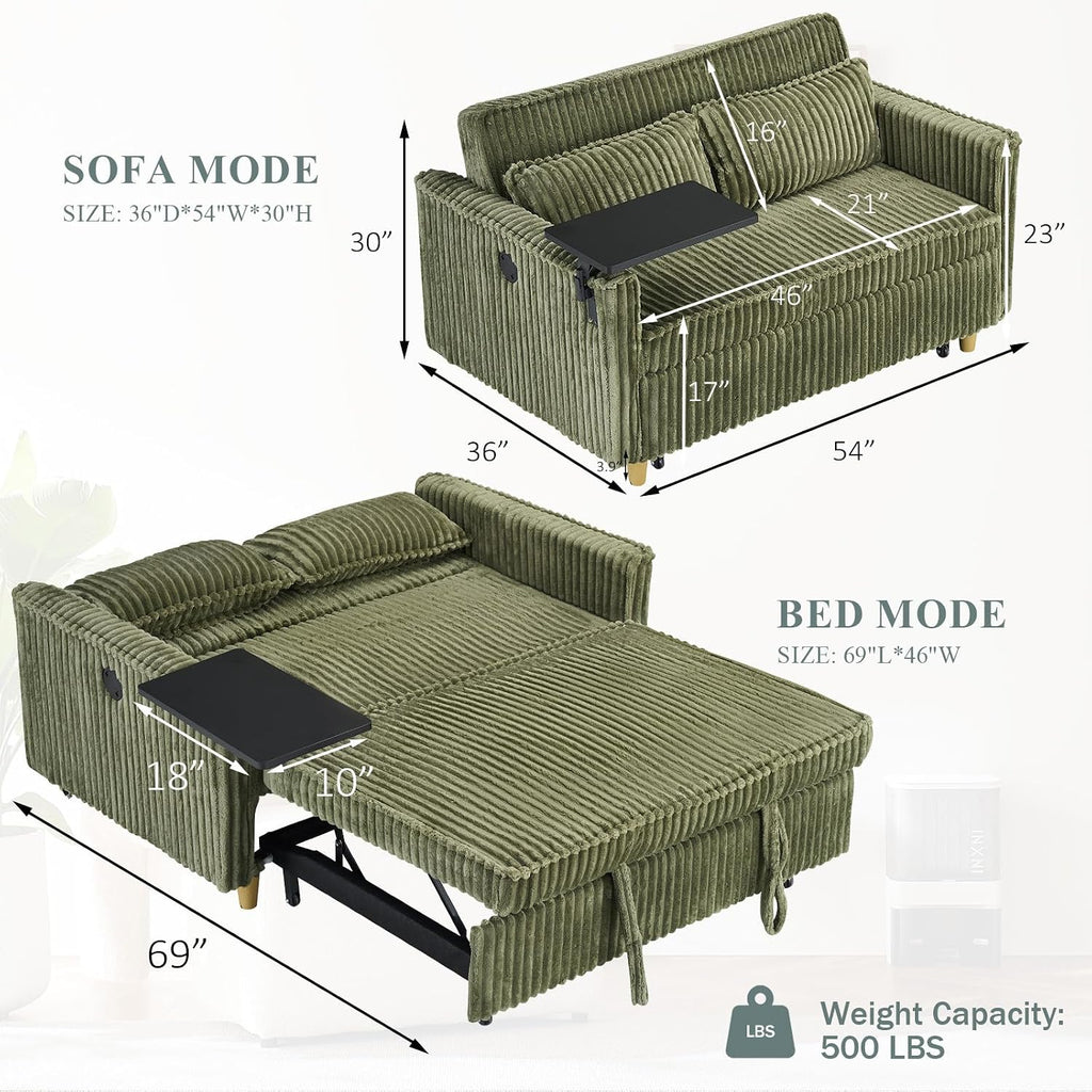 54'W Convertible Sleeper Sofa Bed,3-In-1 Corduroy Pull Out Couch Bed,Futon Loveseat Sleeper Couch with Adjustable Backrest & USB Ports & Side Table,Recliner for Living Room/Office/Small Space(Green)