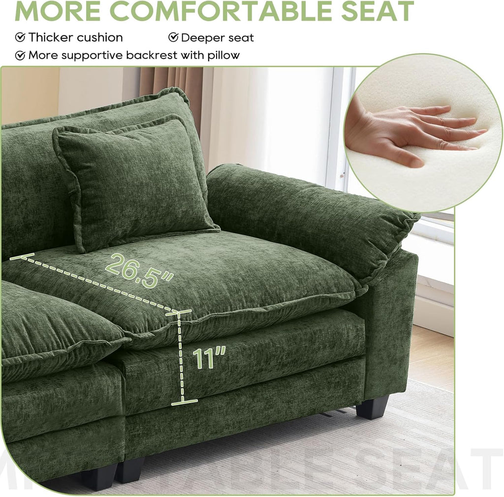 Oprisen 86' Modular Sectional Sofa, Comfy Cloud Couch Sectional Sofa with Ottoman, Chenille Sofa Sleeper Deep Seat Sofa with Throw Pillows for Living Room (Green)