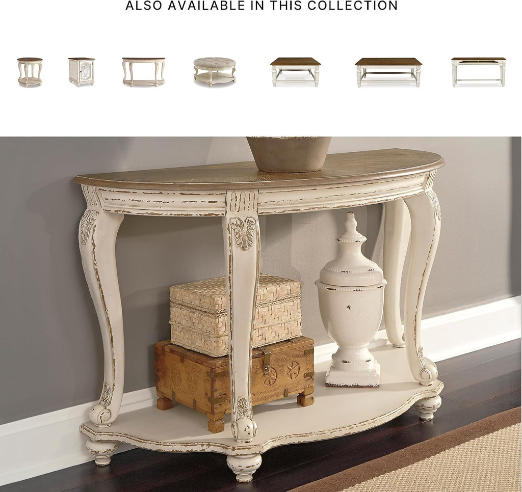 Signature Design by Ashley Realyn French Country Semi-Circle Console Table, White & Brown