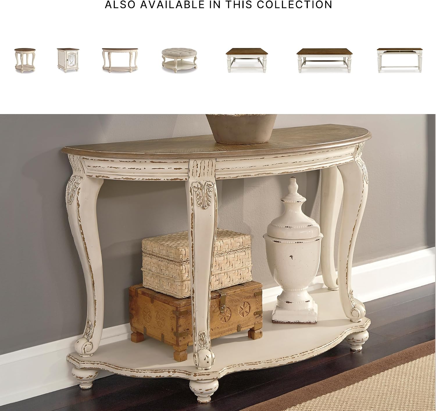 Signature Design by Ashley Realyn French Country Semi-Circle Console Table, White & Brown