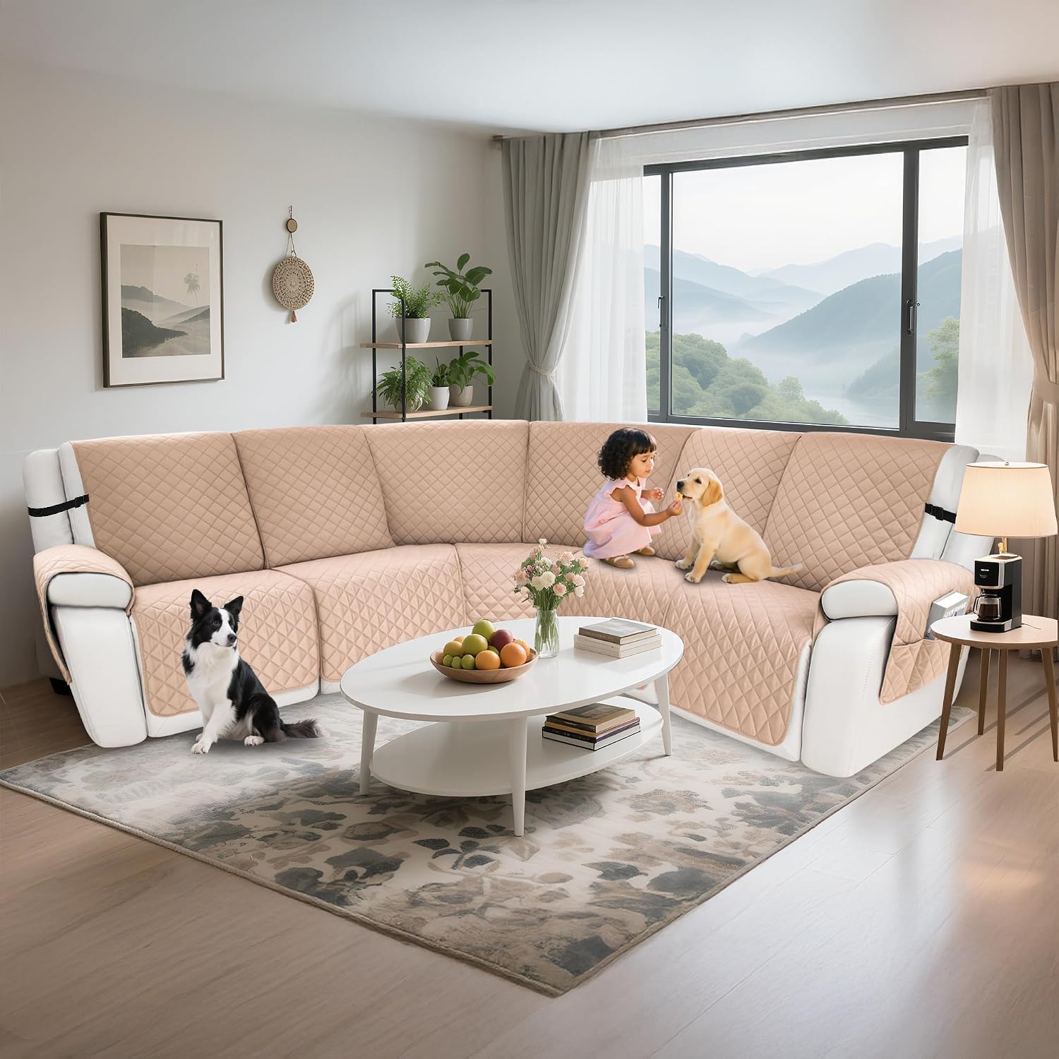Waterproof Sectional Reclining Couch Covers L Shaped Recliner Sectional Sofa Cover 7 Piece Non Slip Washable Corner Recliner Slipcover Set for Pet Dog (5 Seater Cover, Apricot)