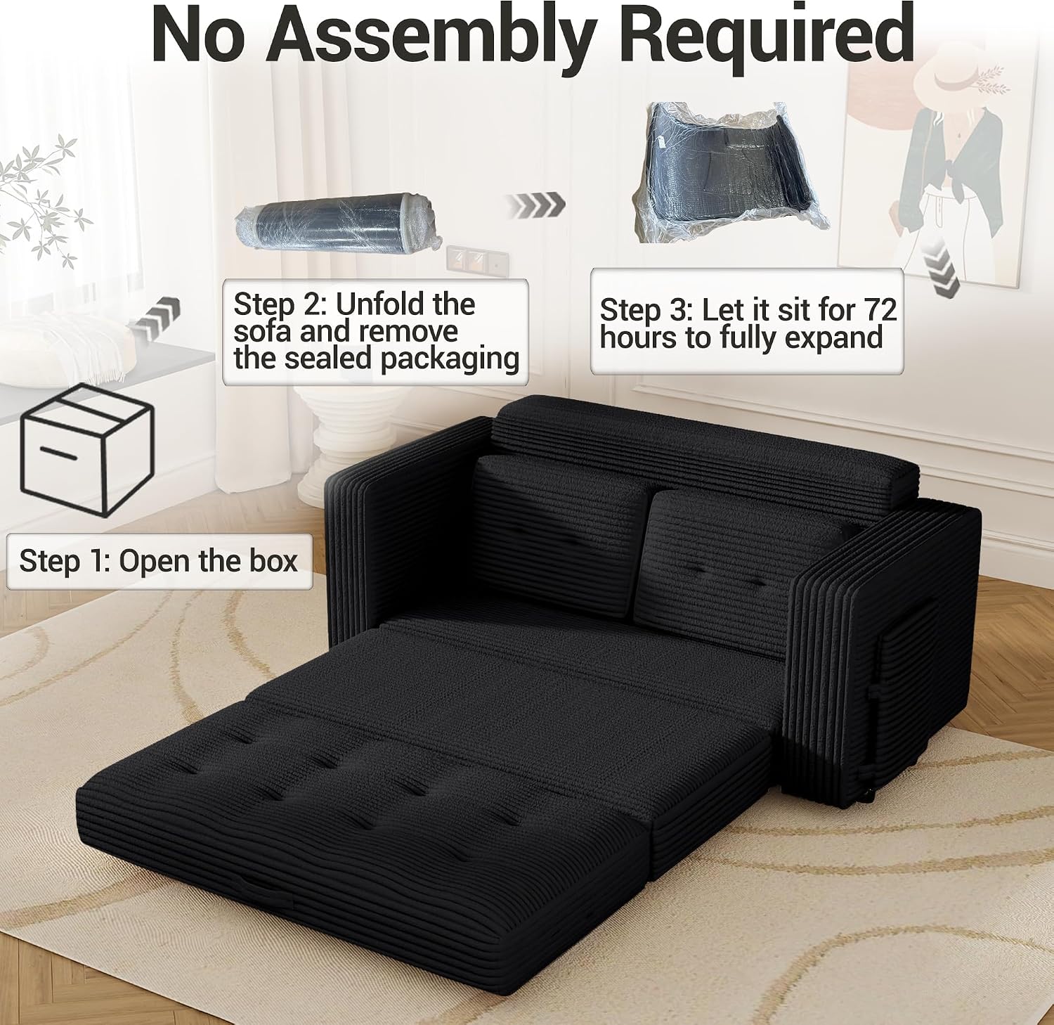 2 in 1 Convertible Sofa Bed, Pull Out Loveseat Boneless Couch, Sleeper Sofabed, Folding Couch Bed with Pillow for Living Room Bedroom, Black | Pull Out Loveseat, Boneless Couch, Sleeper Sofabed, Folding Couch Bed, With Pillow, Living Room Bedroom