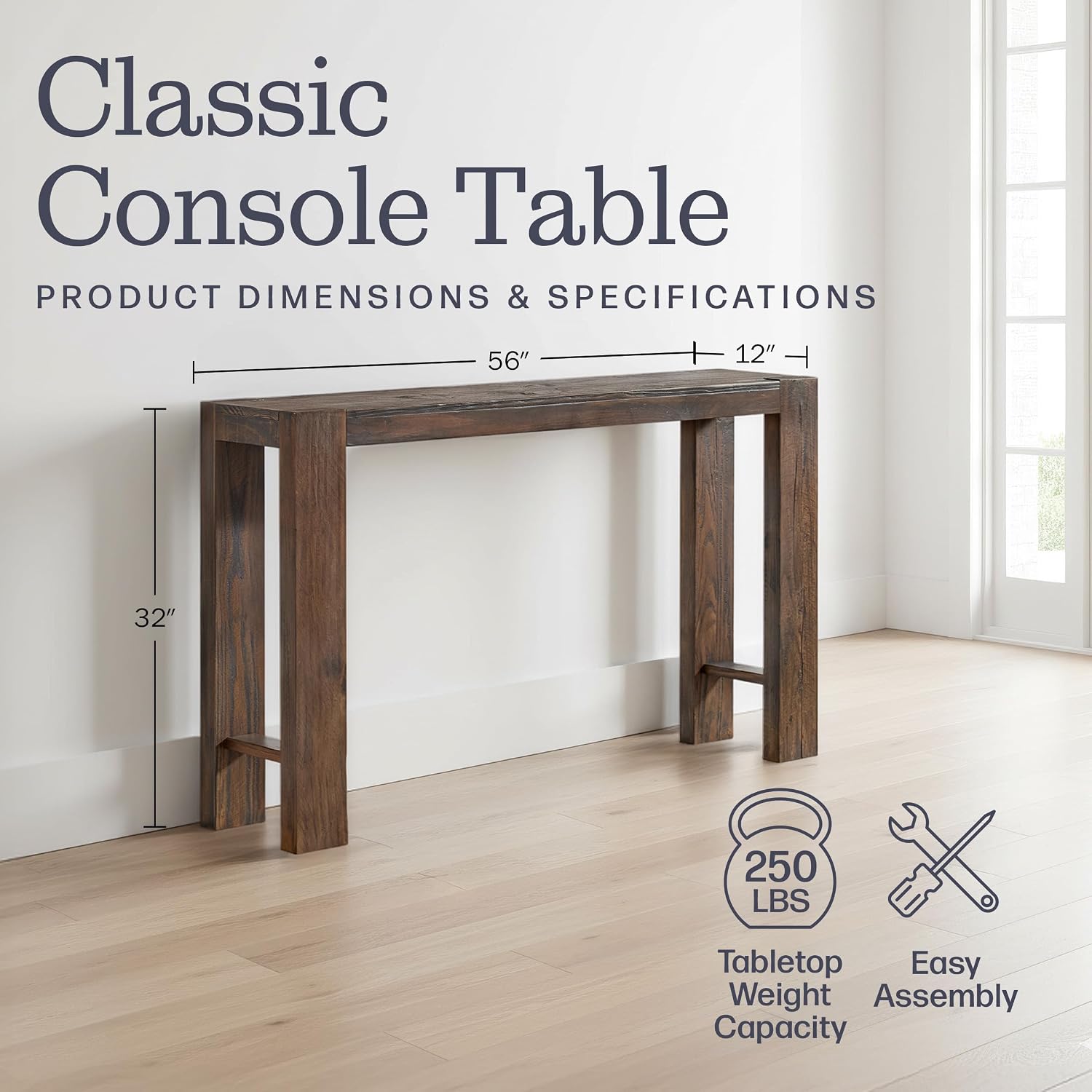Alaterre Furniture Classic Solid Wood Console Table - 56 Inch Modern Farmhouse Entryway Table - Easy Assembly Living Room Furniture for Behind The Couch, Entryway, or Hallway (Brown)