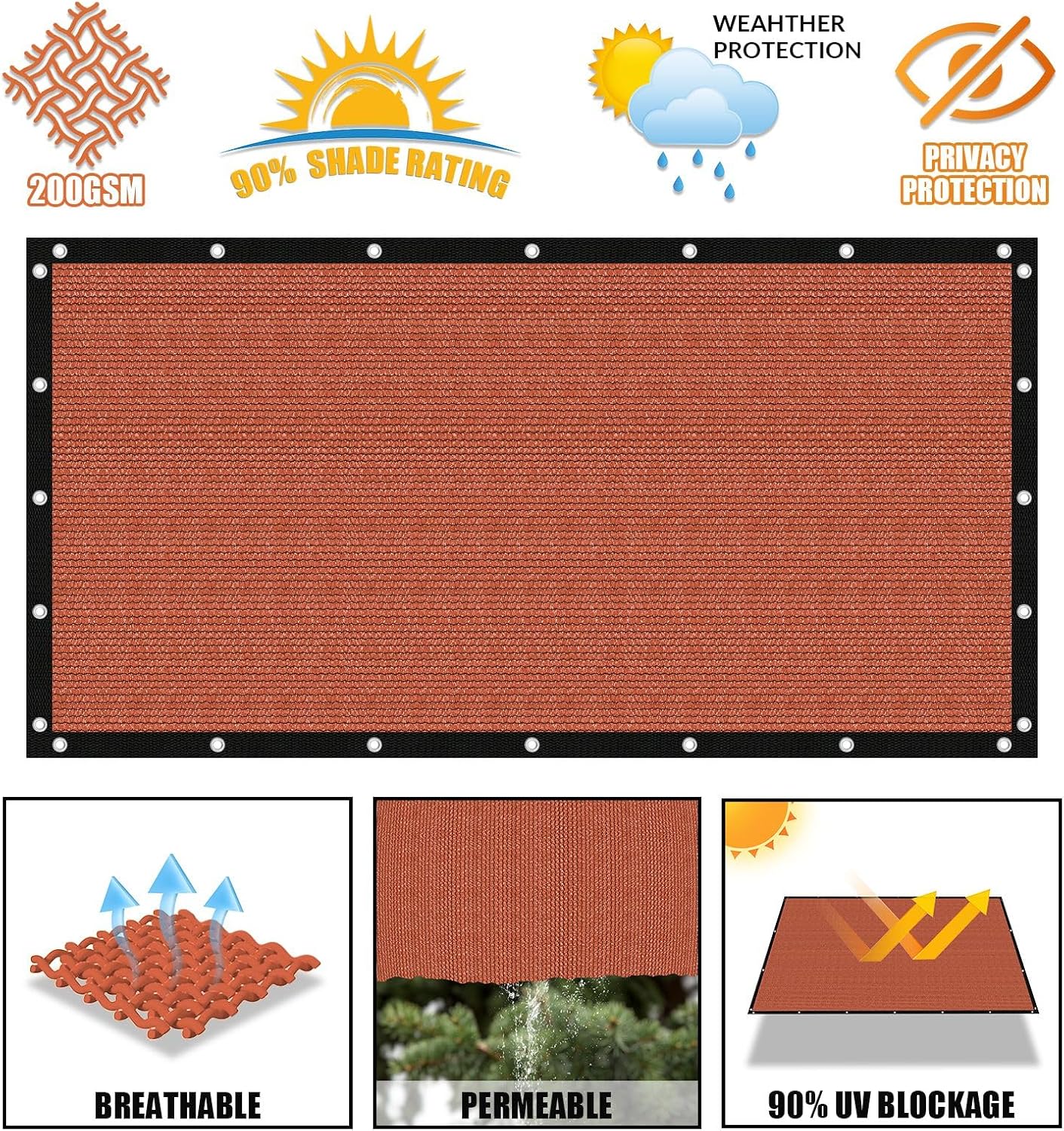 Amagenix 90% Pergola Shade Cover 14' X 20' Rust Red Sun Shade Cloth with Grommets GN07 for Outdoor Garden Patio Porch, Commercial Grade 200 GSM - Cable Zip Ties Included (We Customized)