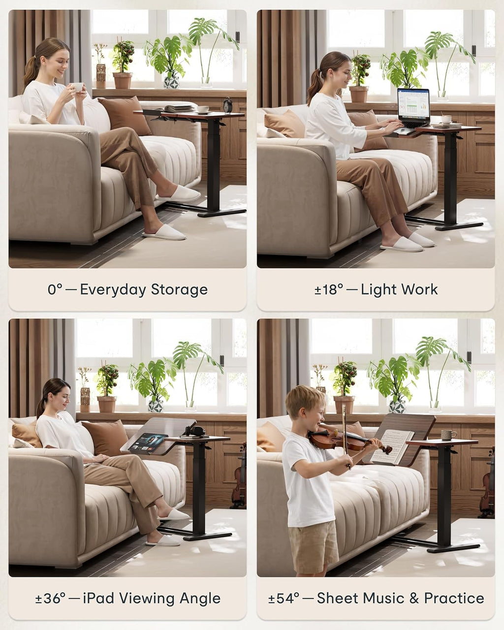 FLEXISPOT Adjustable Height C-Shaped End Table with Split Tilting Top – Mobile Side Table for Sofa & Bedside, Slides Under Furniture, Hidden Wheels for Small Spaces(31.6' W x 15.7' D,Dark Walnut)