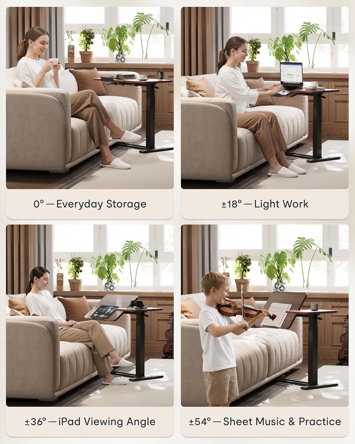 FLEXISPOT Adjustable Height C-Shaped End Table with Split Tilting Top – Mobile Side Table for Sofa & Bedside, Slides Under Furniture, Hidden Wheels for Small Spaces(31.6' W x 15.7' D,Dark Walnut)