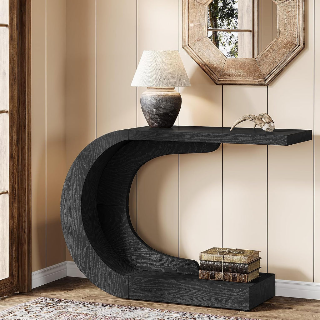 Tribesigns 43.3' Farmhouse Console Table for Entryway, Unique C-Shaped Rustic Sofa Table Behind Couch with Storage for Living Room, Hallway, Entry, Entrance, Foyer, Easy Assembly, Black