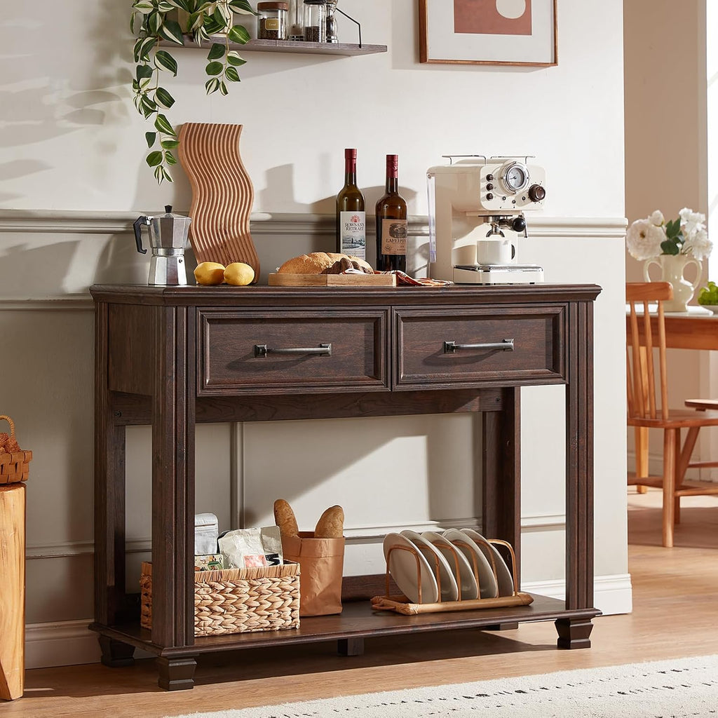 SAVOR LIFE Farmhouse 46' Console Table with 2 Drawers, Rustic Wood 2 Tier Entryway Table with Open Storage Shelf for Entry, Large Mid-Century Vintage Sofa Tables Behind Couch for Living Room, Walnut
