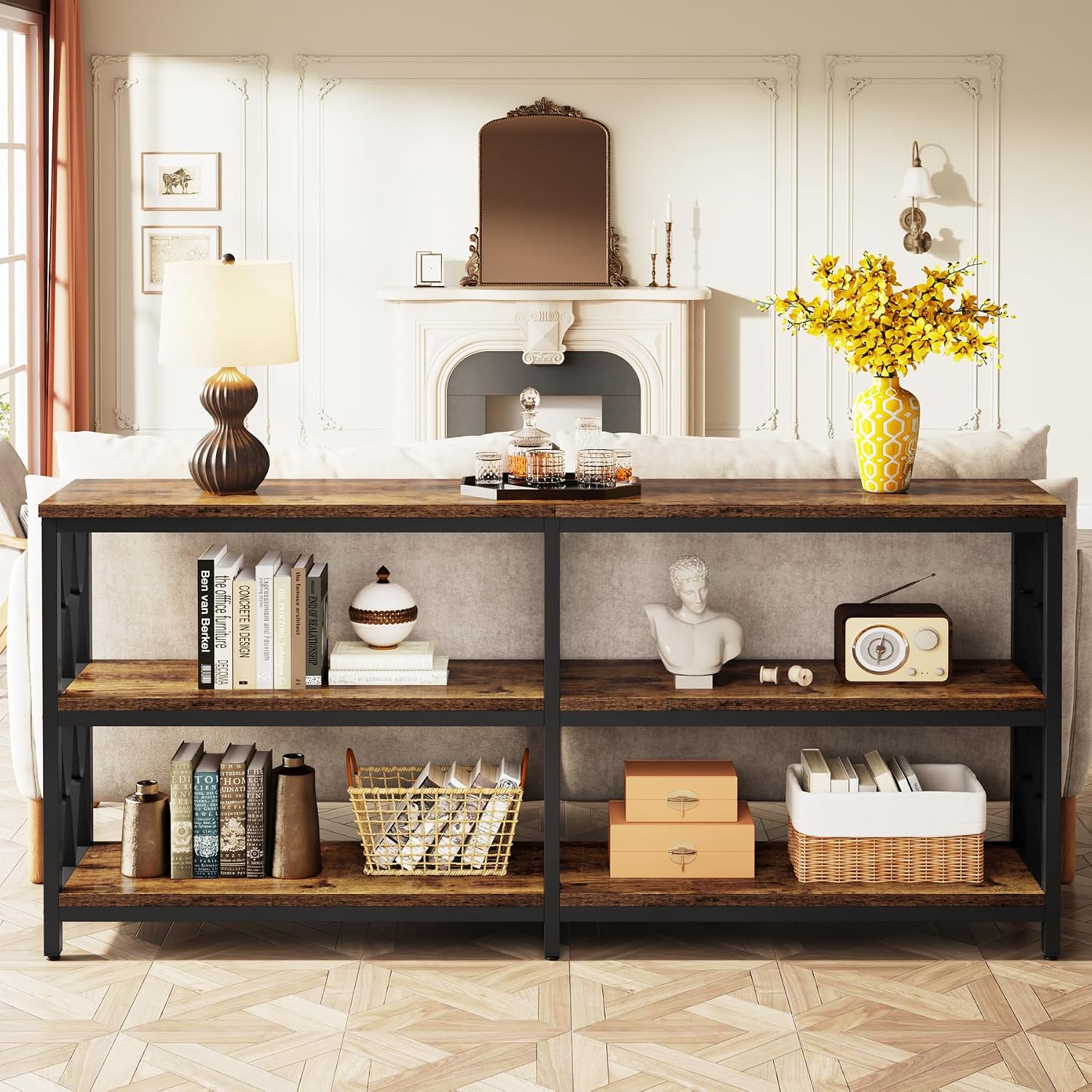 LITTLE TREE Console Table with Storage Shelves, 70.9' Industrial 3-Tier Sofa Table for Living Room, Long Foyer Table Entryway Table for Hallway, Front Door, Entrance, Rustic Brown & Black