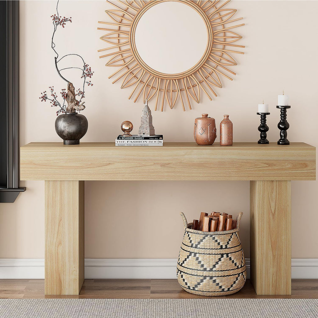 knoworld 63 Inch Long Console Table for Entryway, Farmhouse Wood Rectangular Sofa Table Behind Couch Table, Narrow Entryway Table for Living Room, Entrance, Hallway, Foyer, Easy Assembly (Natural)