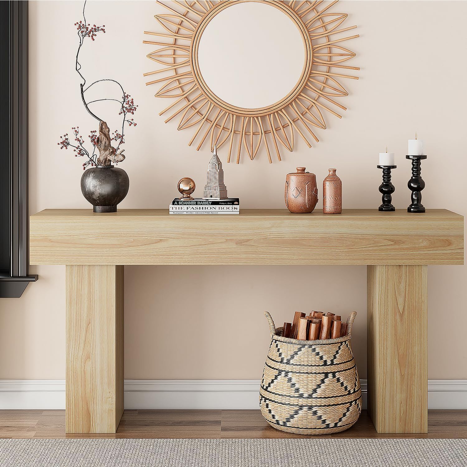 knoworld 63 Inch Long Console Table for Entryway, Farmhouse Wood Rectangular Sofa Table Behind Couch Table, Narrow Entryway Table for Living Room, Entrance, Hallway, Foyer, Easy Assembly (Natural)