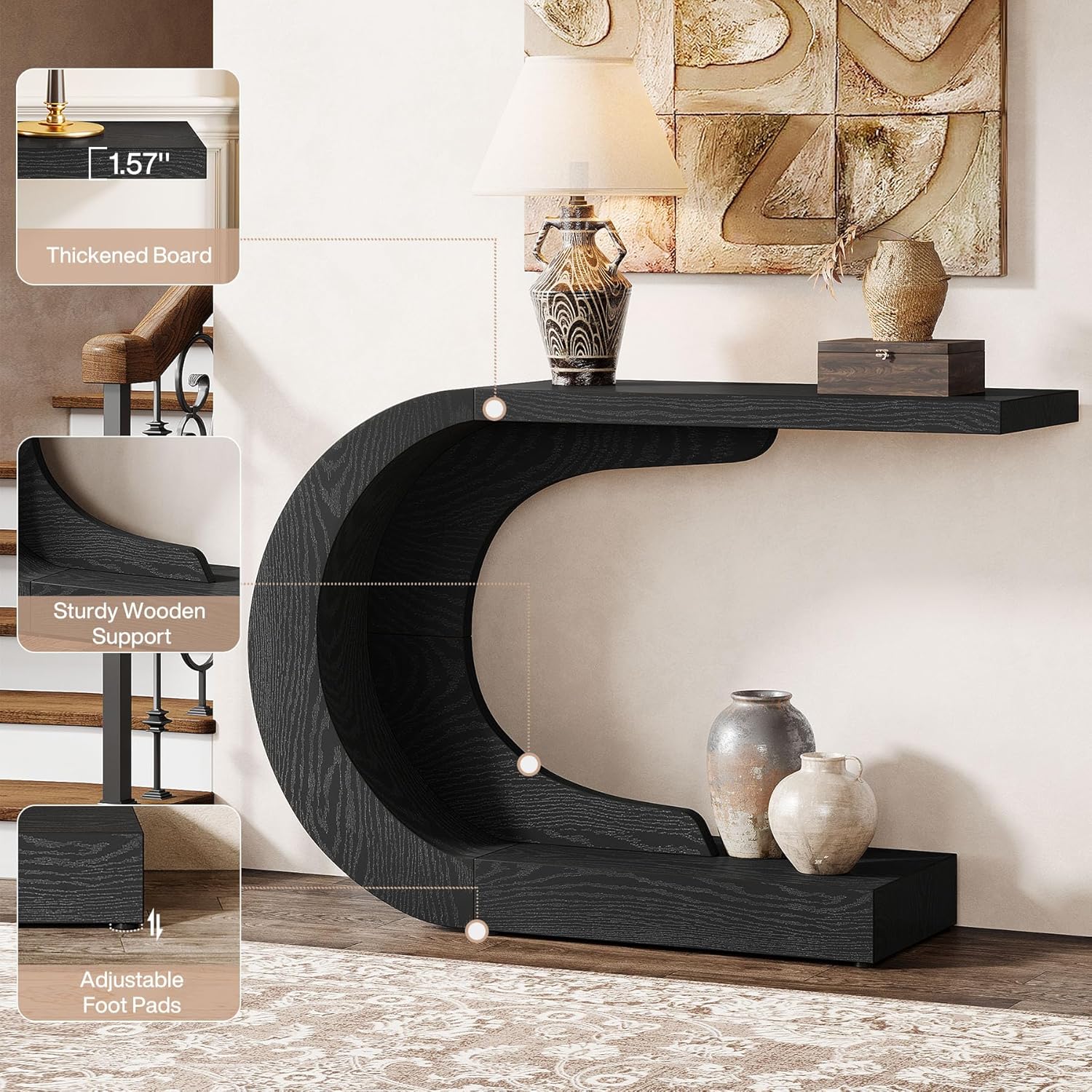 Tribesigns 43.3' Mid-Century Modern Console Table for Entryway, Wood C-Shaped Hallway Entry Accent Table for Living Room, Entrance, Foyer, Easy Assembly, Black
