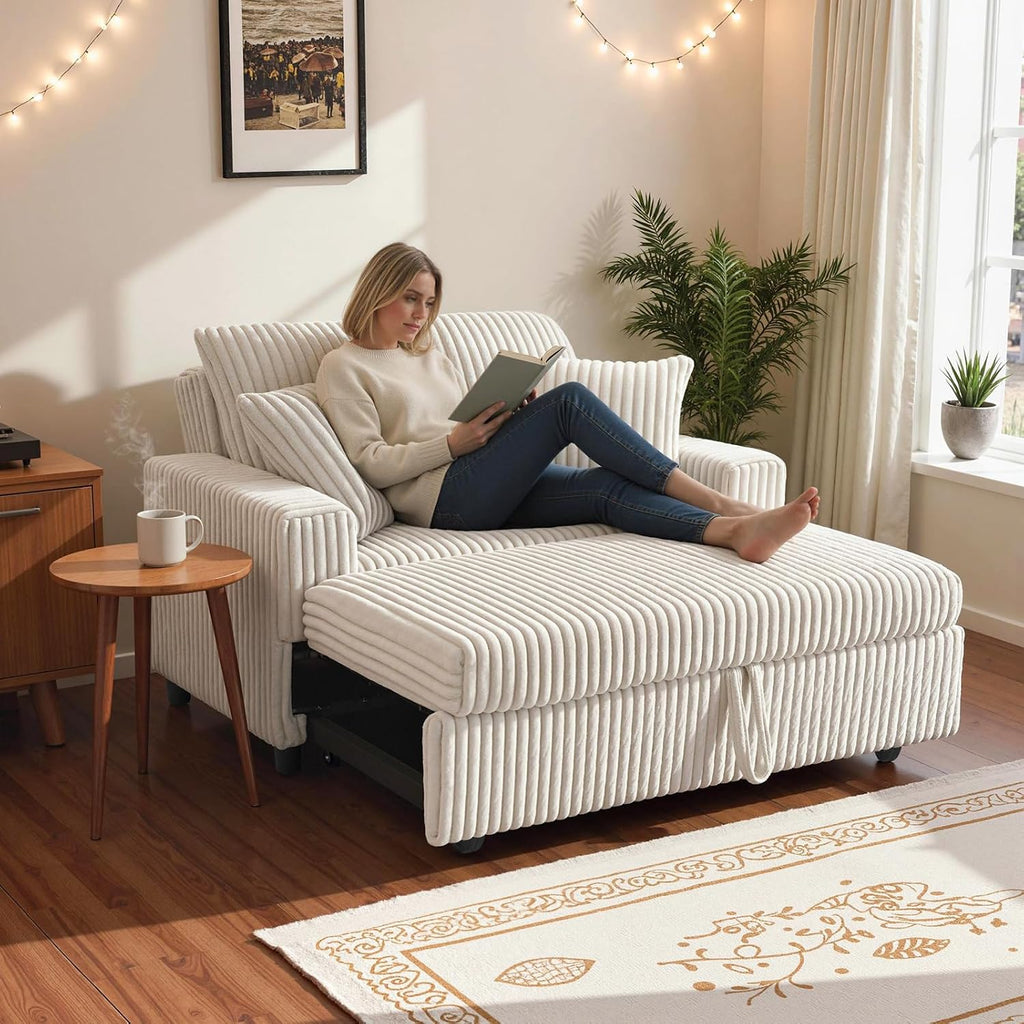 3 in 1 Convertible Sofa Bed，52.8' Pull Out Couch with Side Pockets，Modern Corduroy Fabric Loveseat Sleeper Sofa with Adjustable Backrest for Living Room Bedroom Apartment (Beige Corduroy)