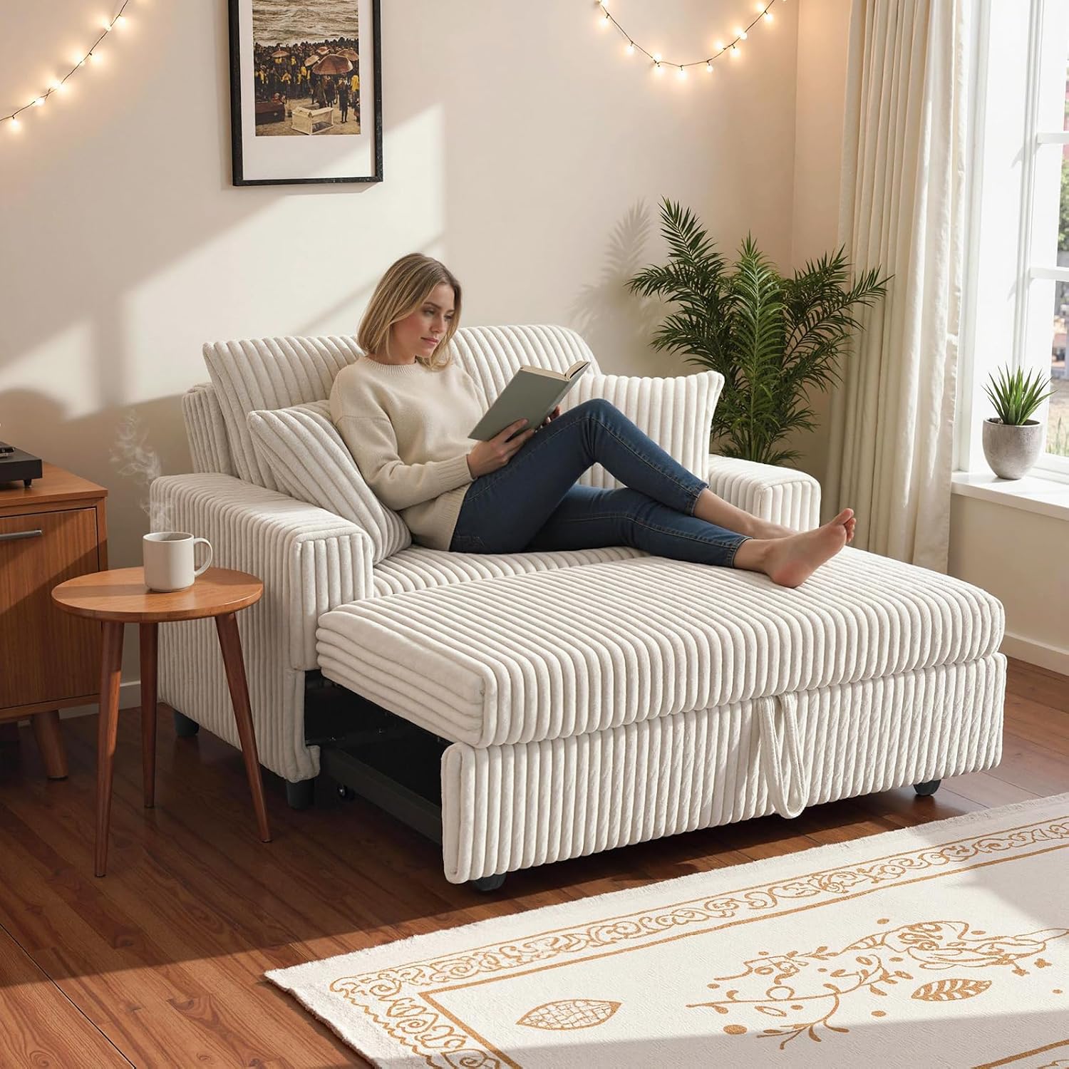 3 in 1 Convertible Sofa Bed，52.8' Pull Out Couch with Side Pockets，Modern Corduroy Fabric Loveseat Sleeper Sofa with Adjustable Backrest for Living Room Bedroom Apartment (Beige Corduroy)