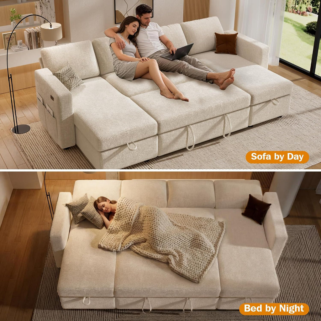 Vipbear 106' Sectional Sleeper Sofa with Pull Out Bed, U Shaped Couch Sleeper Sofa Bed, Pull Out Couch with Reclining Backrest, Double Storage Chaise, USB Ports, Tool-Free Assembly, Chenille Beige