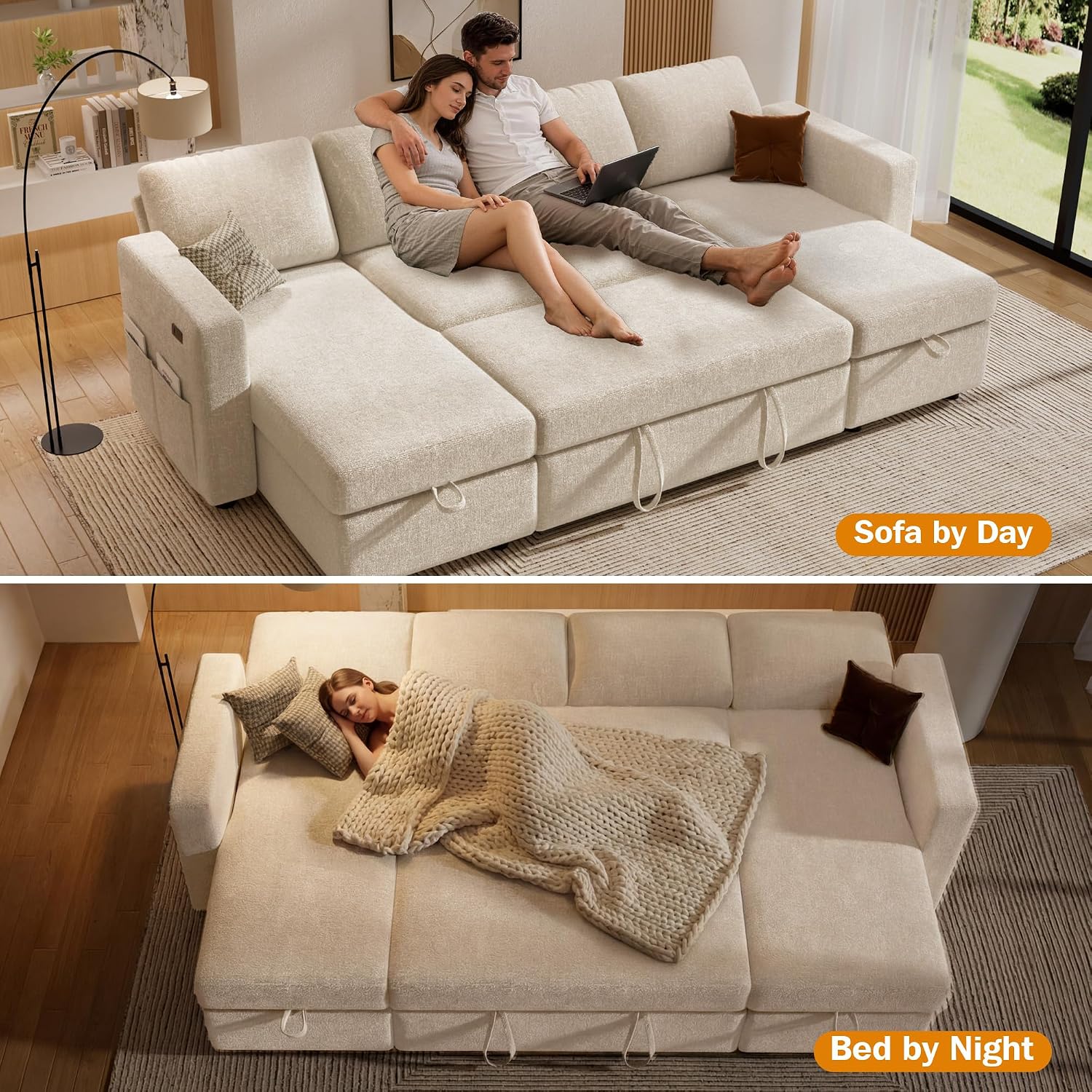 Vipbear 106' Sectional Sleeper Sofa with Pull Out Bed, U Shaped Couch Sleeper Sofa Bed, Pull Out Couch with Reclining Backrest, Double Storage Chaise, USB Ports, Tool-Free Assembly, Chenille Beige