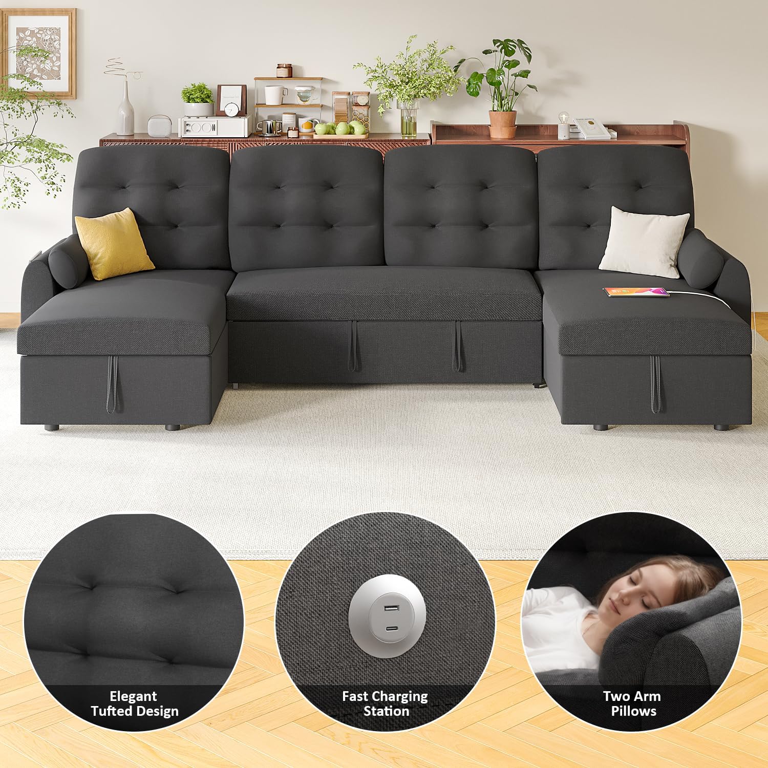 Ucloveria Sleeper Sofa Bed, 112' U Shaped Sectional Sofa Couches for Living Room, Pull Out Couch Bed with Dual Reversible Storage Chaise | Charging Station | Side Pockets | Removable Backrest